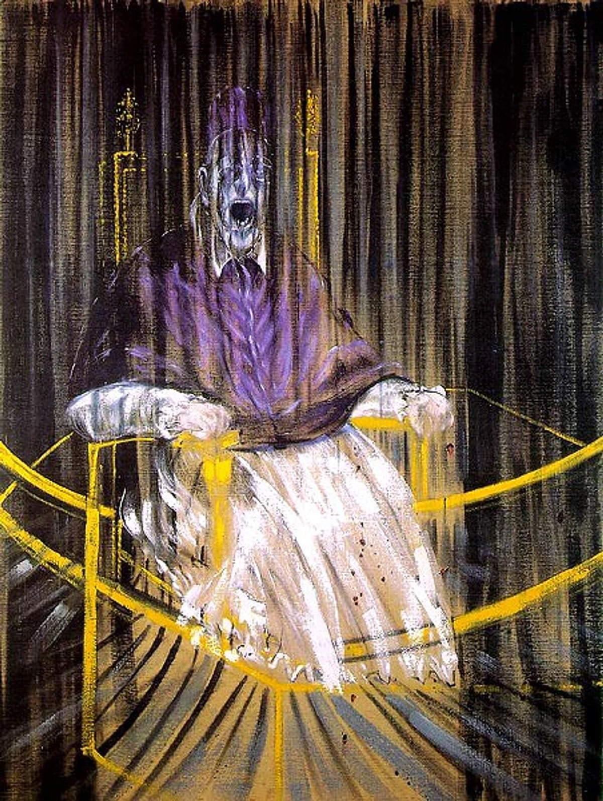 Study after Velazquez's Portrait of Pope Innocent X by Francis Bacon, showcasing intense expression and artistic tension