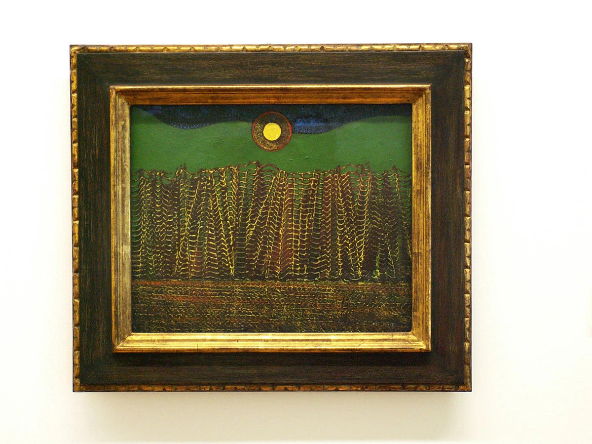 Max Ernst's 'Grätenwald' (Fish-bone Forest) painting, showcasing frottage and grattage techniques with a surreal landscape.