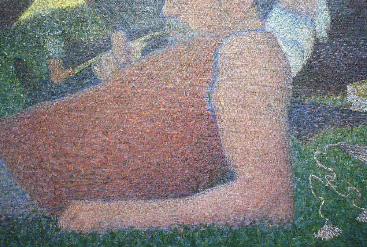 Detail of a woman in a red dress from Georges Seurat's 'A Sunday on La Grande Jatte', painted in the Pointillist style.