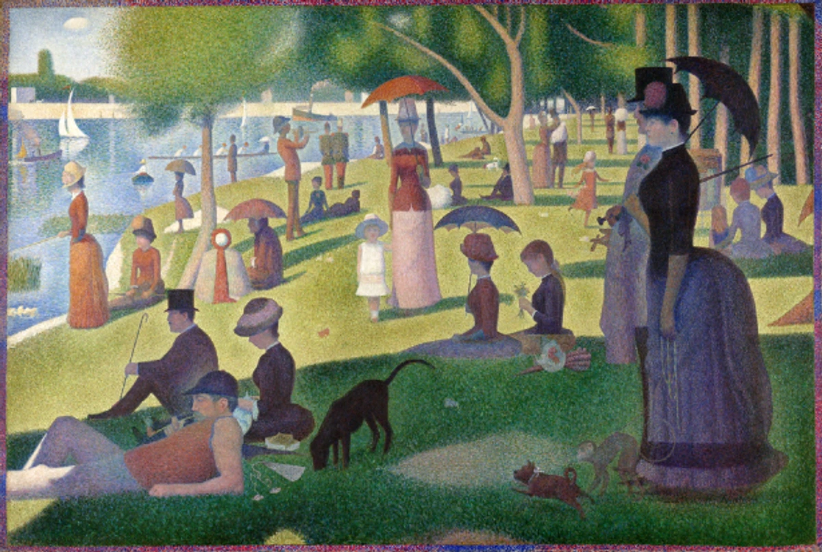 Georges Seurat's 'A Sunday Afternoon on the Island of La Grande Jatte', a pointillist masterpiece depicting Parisians enjoying leisure time by the Seine River.