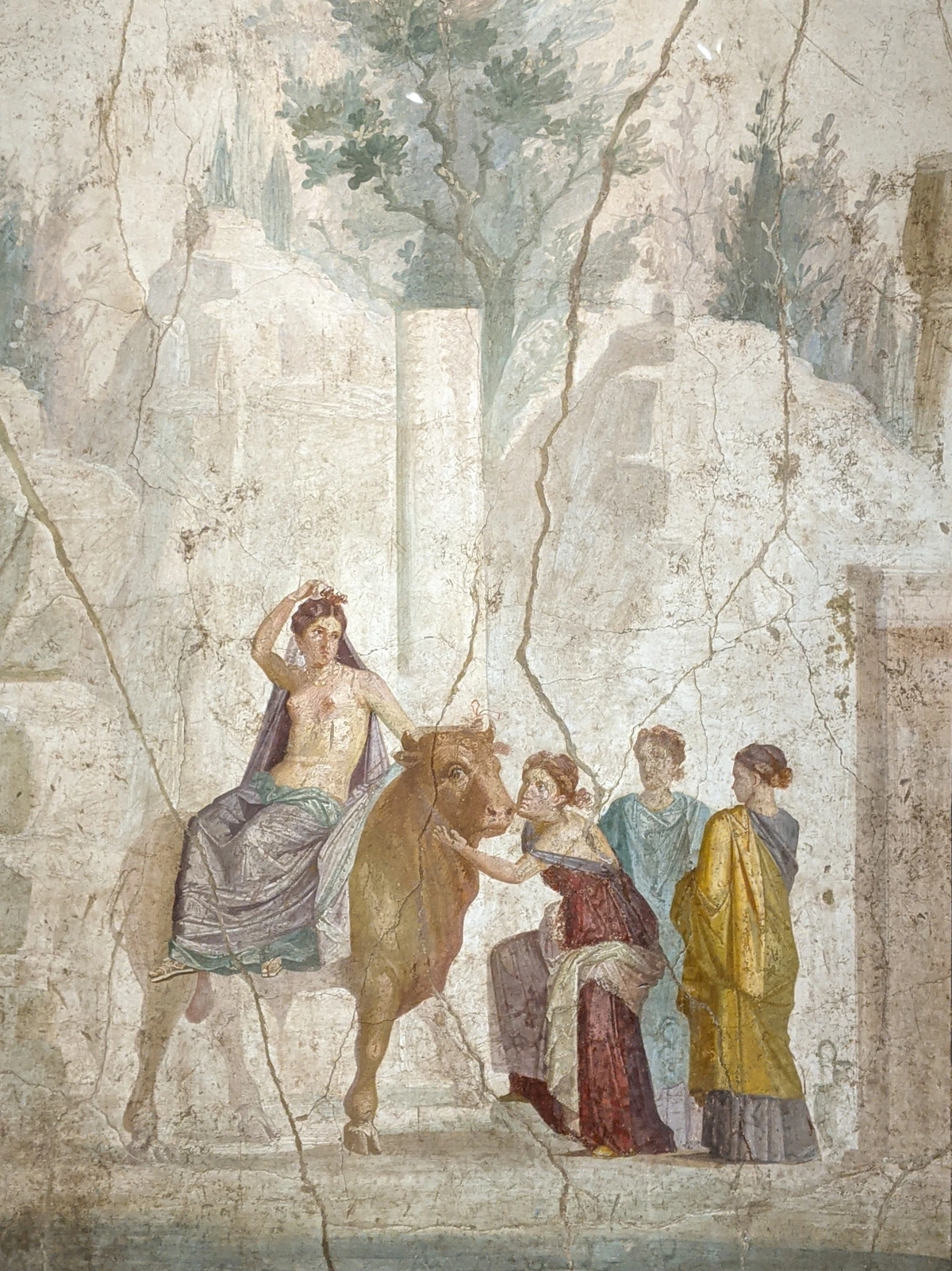 Fresco depicting the mythological abduction of Europa by Zeus in the form of a bull, a classic example of Greek mythology's influence on art.