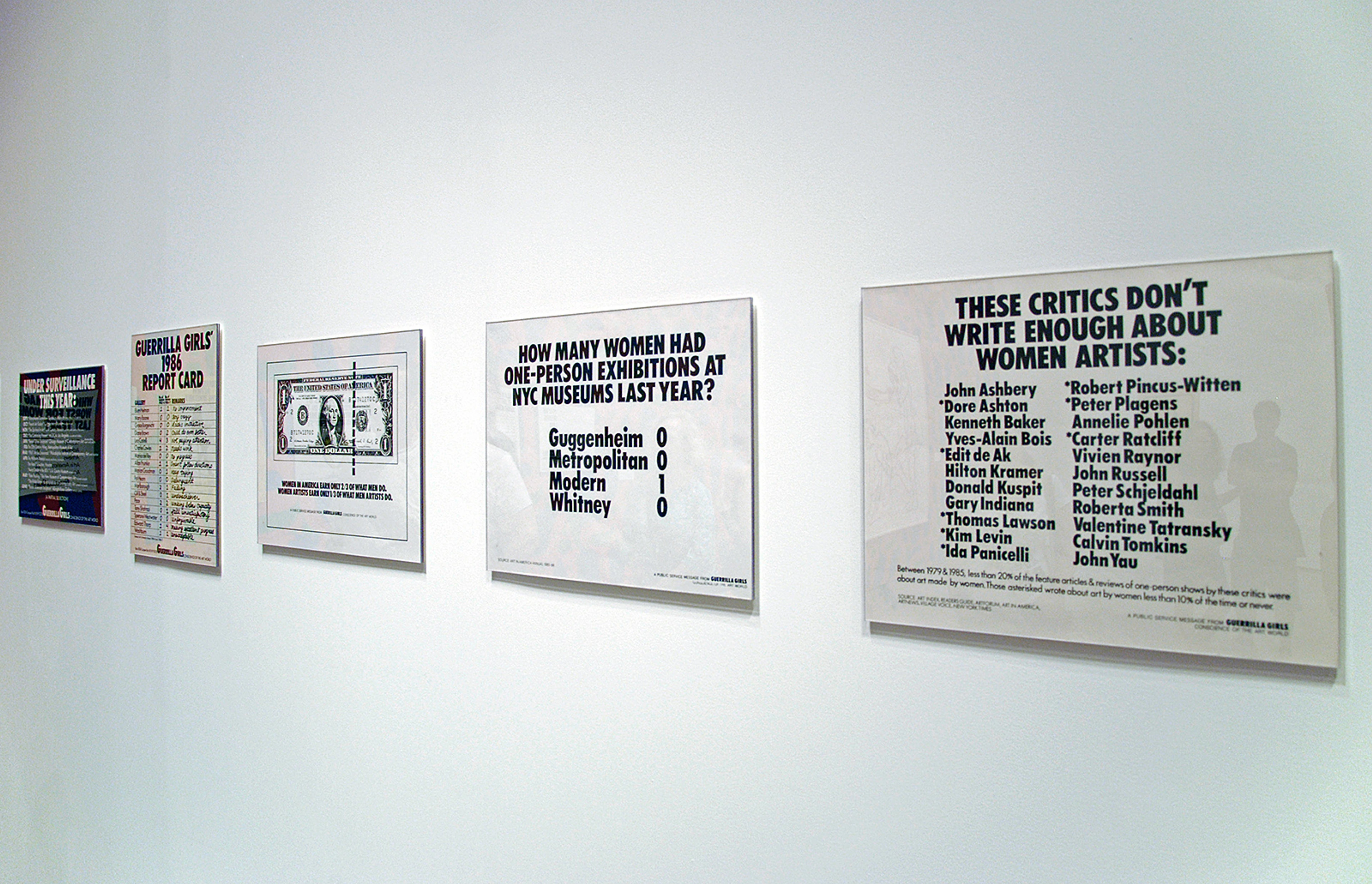 Guerrilla Girls posters on display, highlighting statistics on women's representation in art museums and criticism.