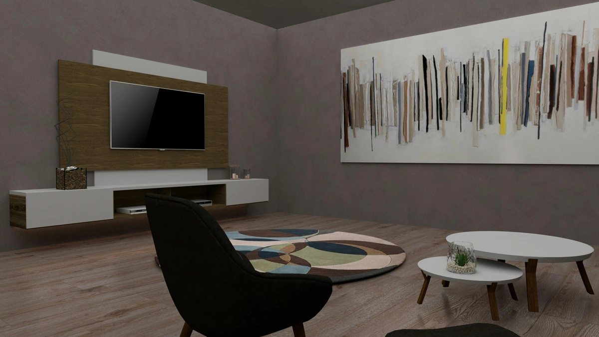 Minimalist living room with abstract art above a TV console