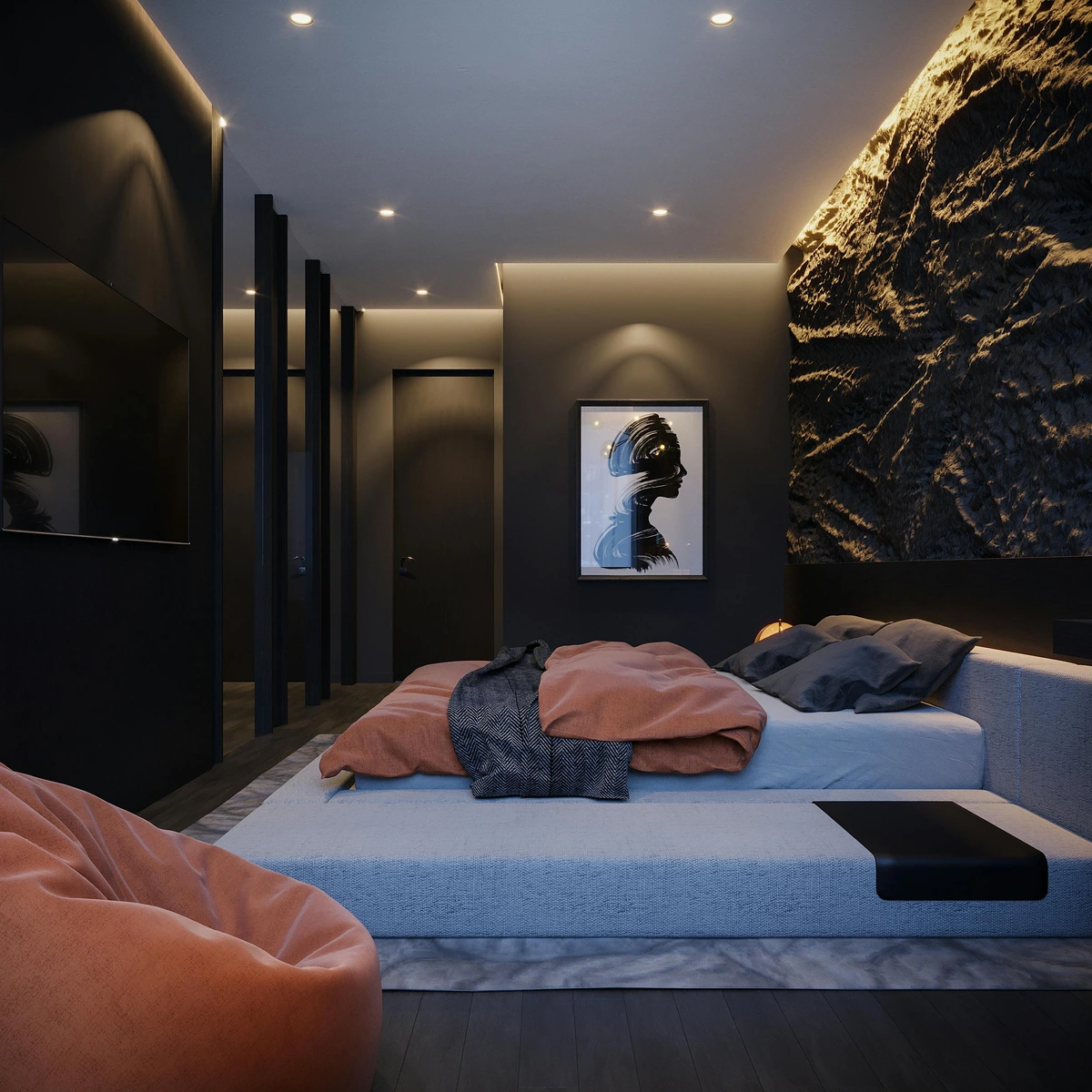 Modern hotel room with a double bed, featuring a textured rock accent wall and abstract artwork.