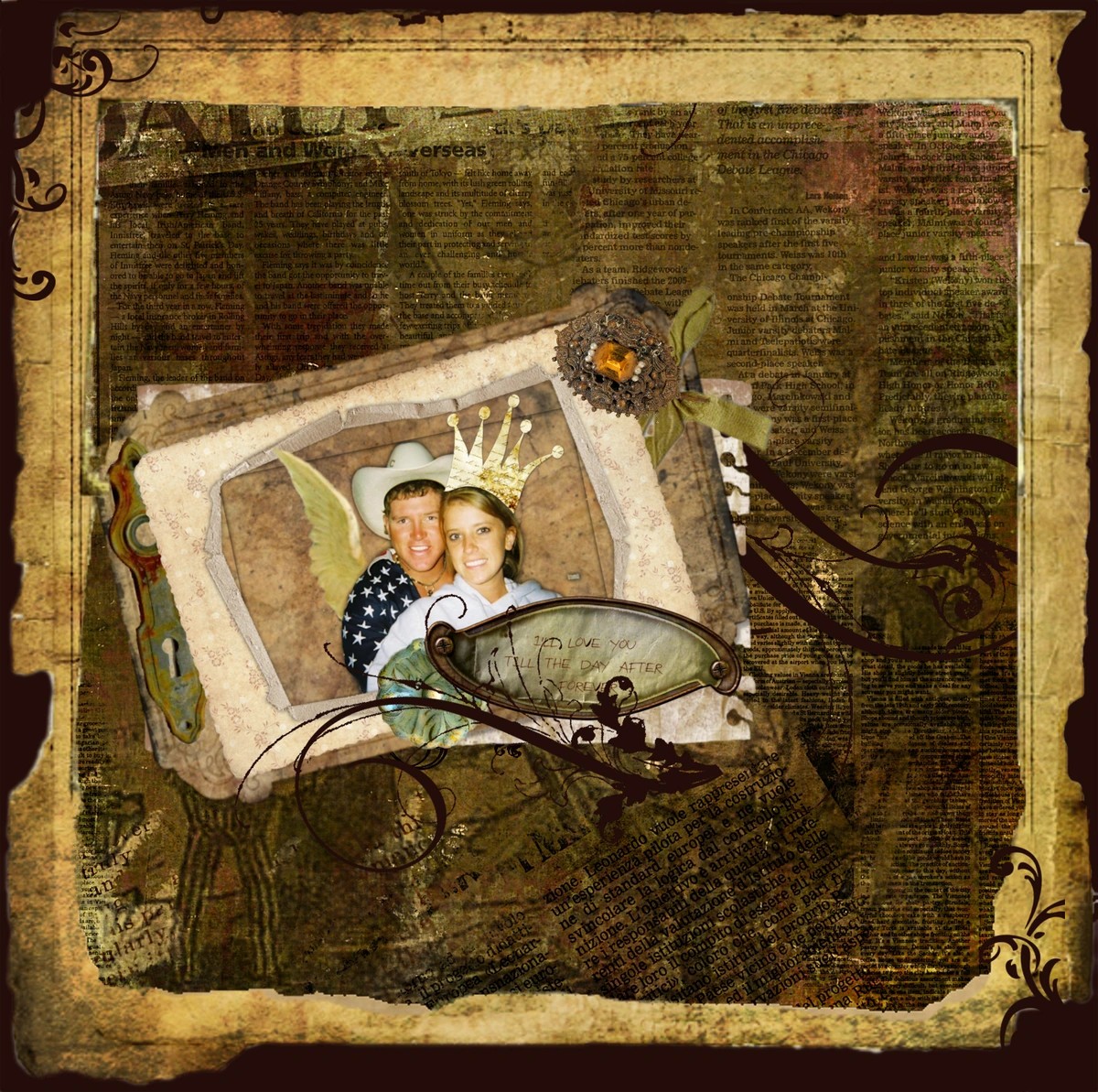 Vintage scrapbook collage featuring a happy couple, a man in a cowboy hat and a woman wearing a crown, surrounded by aged paper, newspaper clippings, and decorative elements.