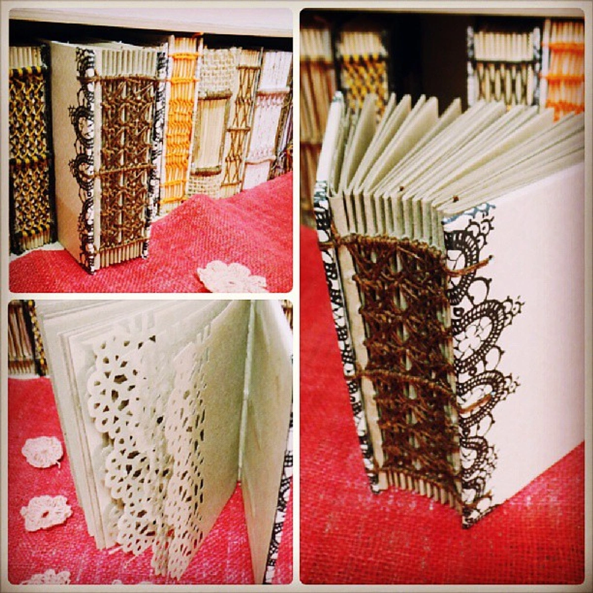 Close-up of a handmade sketchbook with intricate lace-like binding and decorative paper edges.