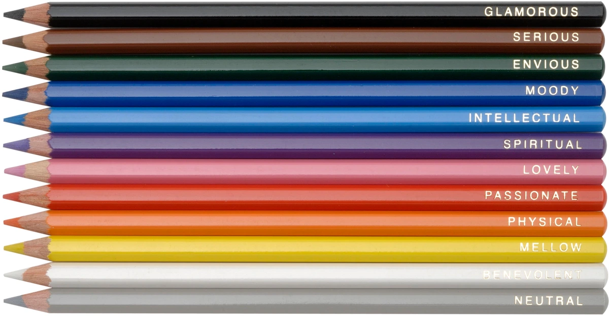 A row of colored pencils, each labeled with a word like 'Glamorous', 'Serious', 'Envious', 'Moody', 'Intellectual', 'Spiritual', 'Lovely', 'Passionate', 'Physical', 'Mellow', 'Benevolent', and 'Neutral'.
