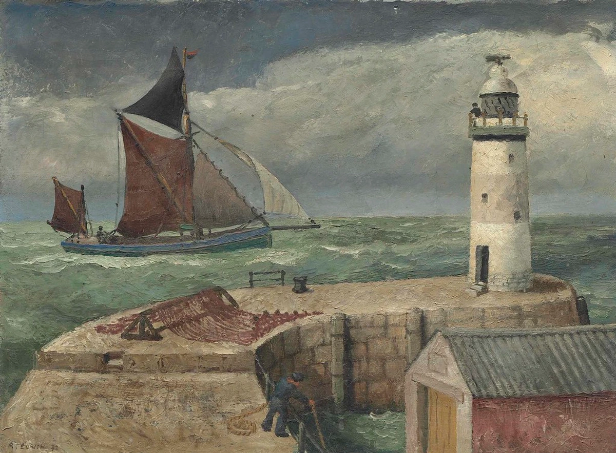 Richard Eurich's 1932 oil painting of a fishing trawler navigating stormy North Sea waters near a lighthouse