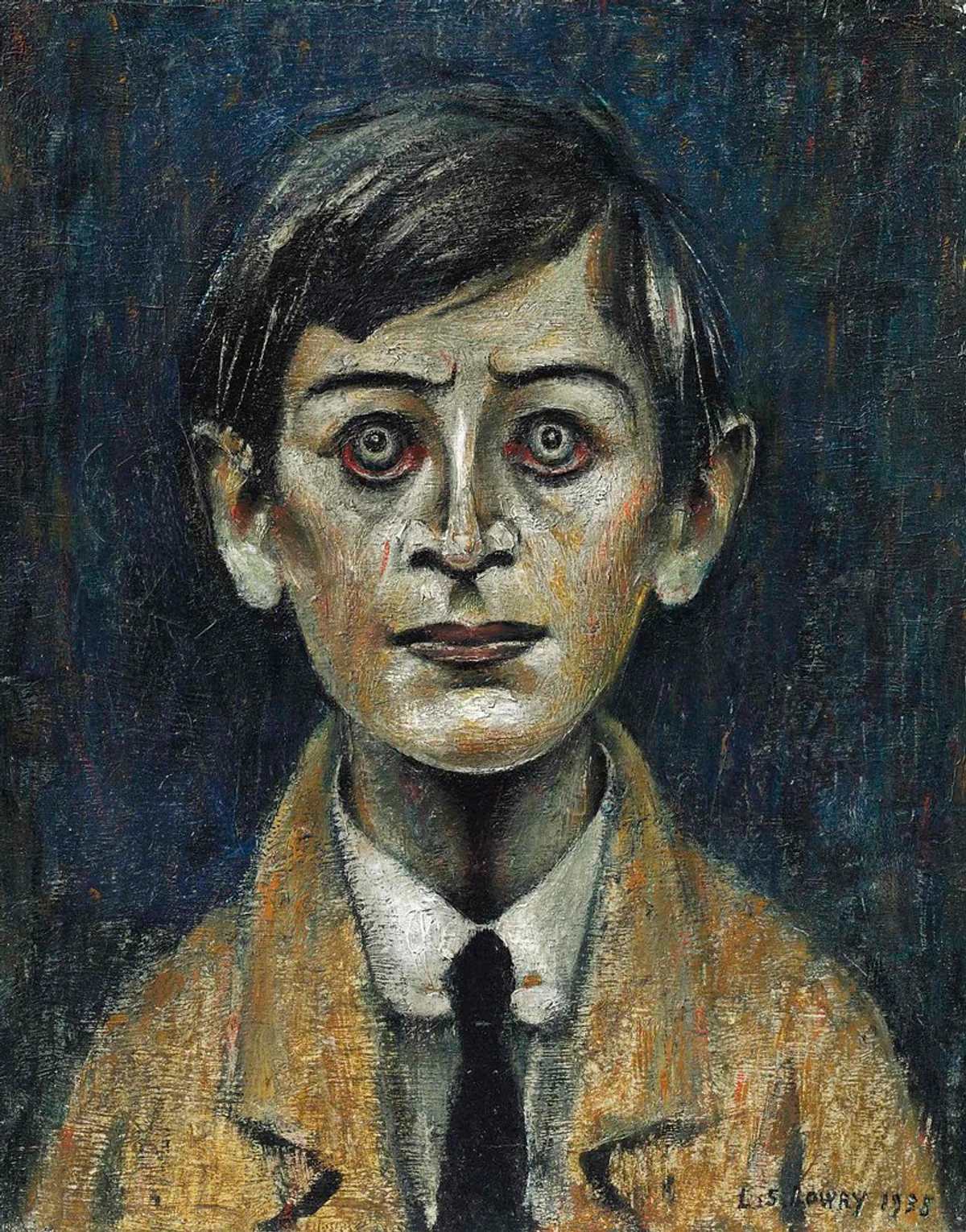 Portrait of a young boy in a yellow jacket by Laurence Stephen Lowry, 1935, oil on canvas