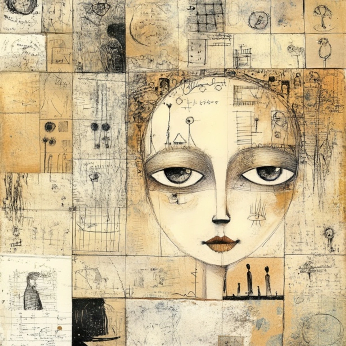 Abstract mixed media montage art featuring a central face with surreal elements, ideal for digital projects and creative inspiration. Public domain stock photo.