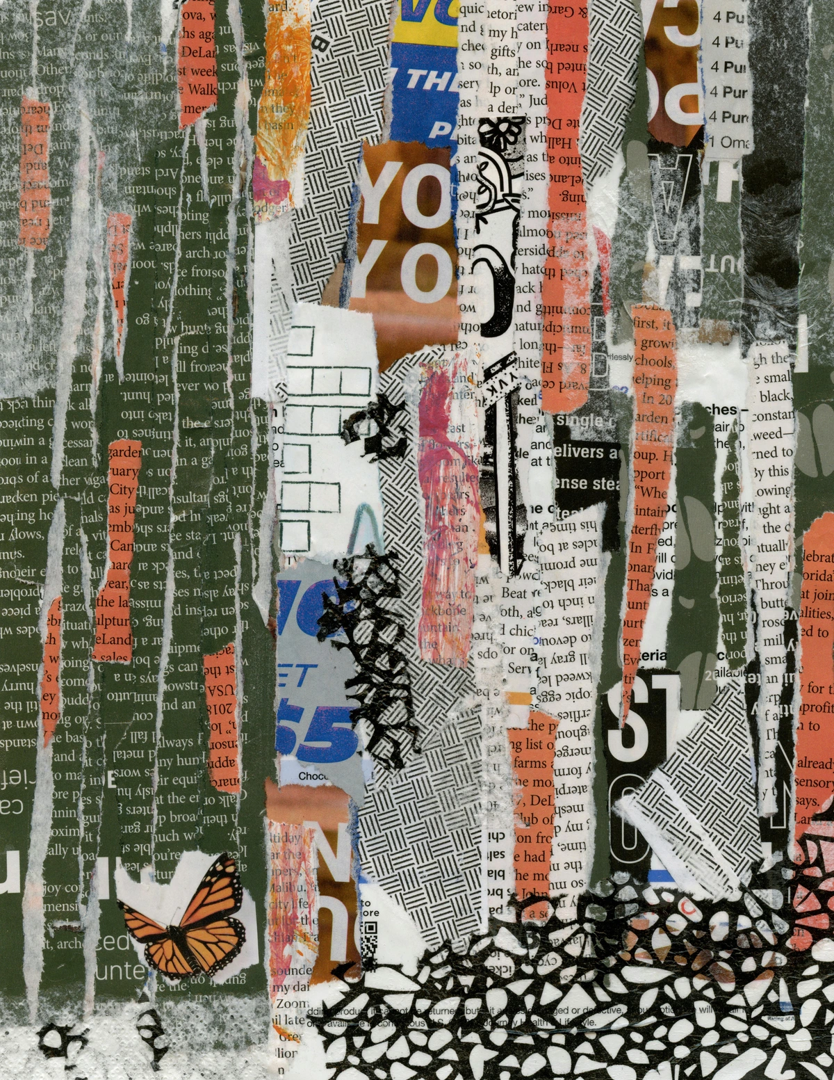 Abstract paper straps collage with black cat illustration, wooden crate texture, and fragmented text art - free stock photo for creative projects.