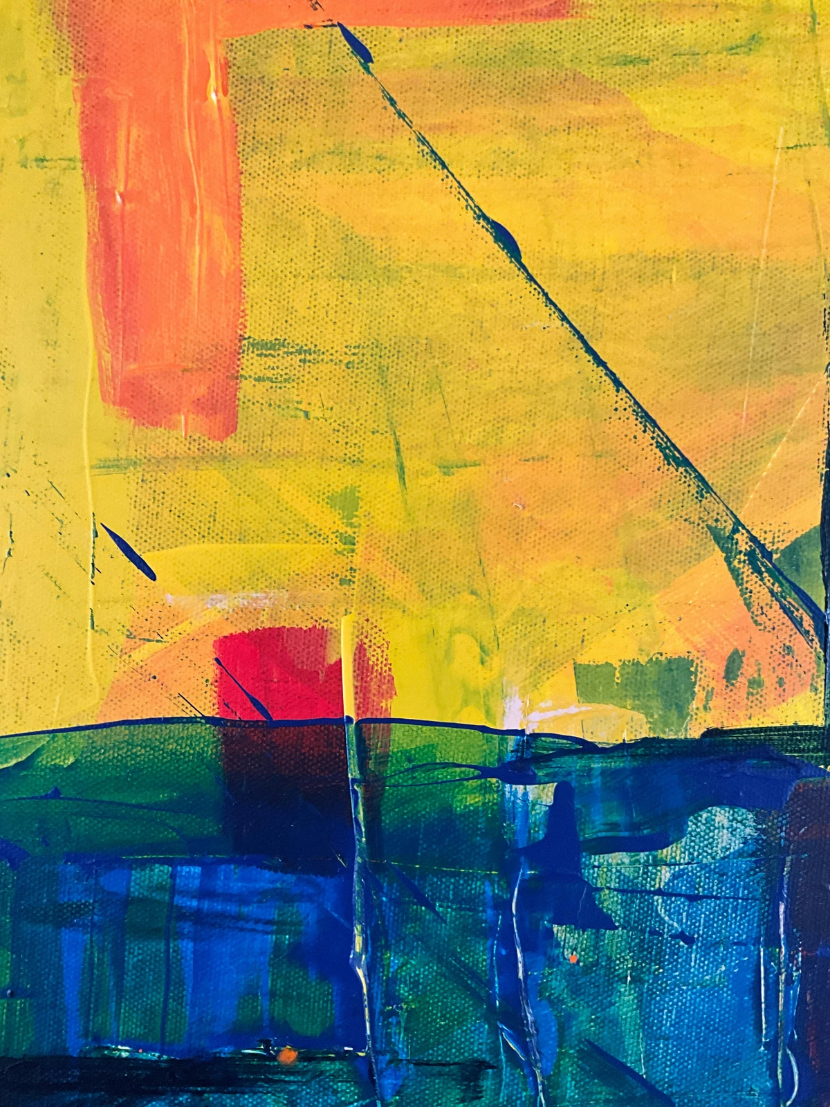 Modern oil painting featuring abstract yellow and orange gradients with textured brushstrokes on canvas.