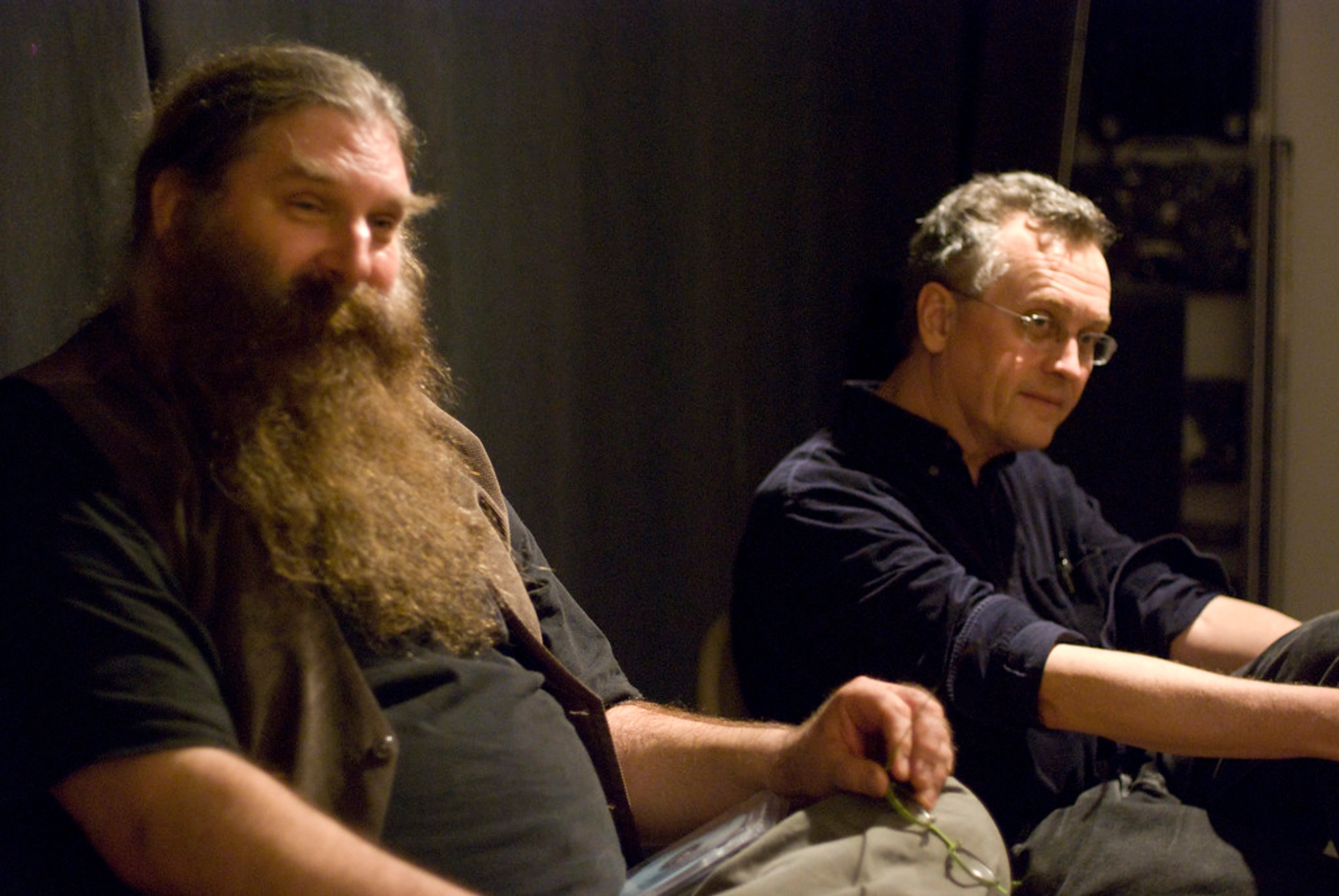 Thomas Zummer and Stefaan Decostere engaged in an intellectual debate about art theory principles in an academic setting