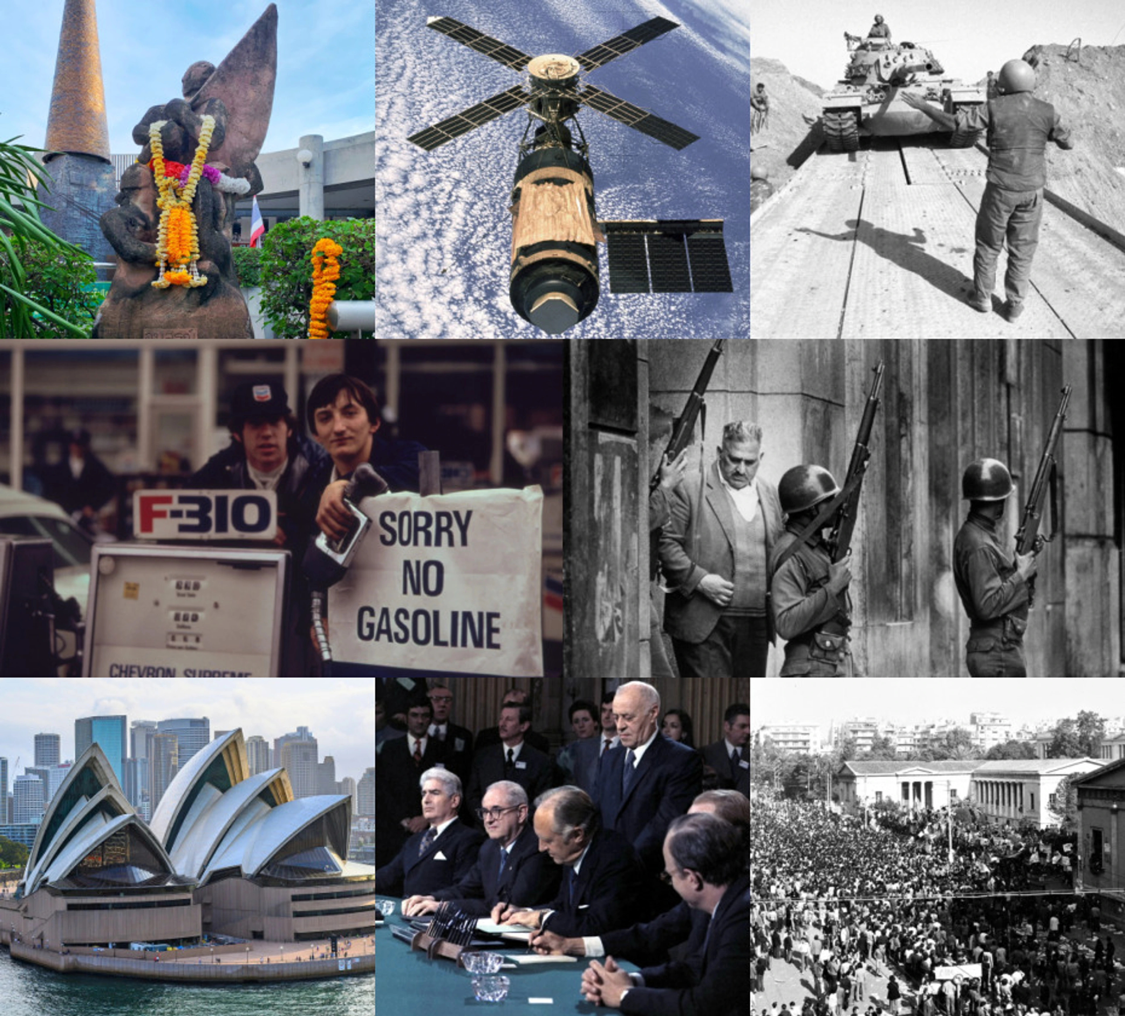 Collage of significant historical events from 1973, including space exploration, military conflicts, the oil crisis, political meetings, and iconic landmarks like the Sydney Opera House.