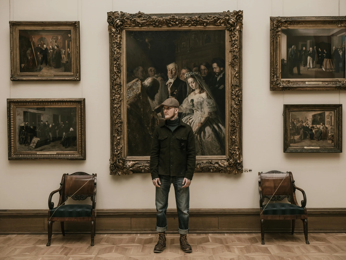 Man in Museum Contemplating Art Career Strategies with Classical Paintings Collection Background Visible Professional Affair Potential Opportunities Blue navy Shirt Dark Style Hat White Sneakers Couch with Two Seats Art Workshop Environment Partial View Gallery Show Premium Quality Resolution Content Provided Free Use