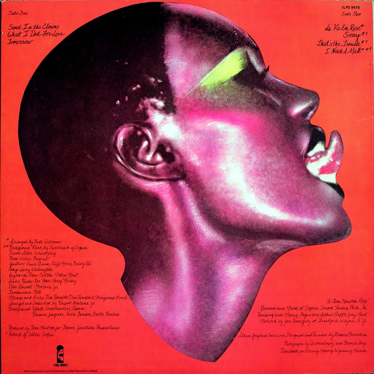 Grace Jones 1977 portfolio back cover featuring a striking headshot by John Keogh