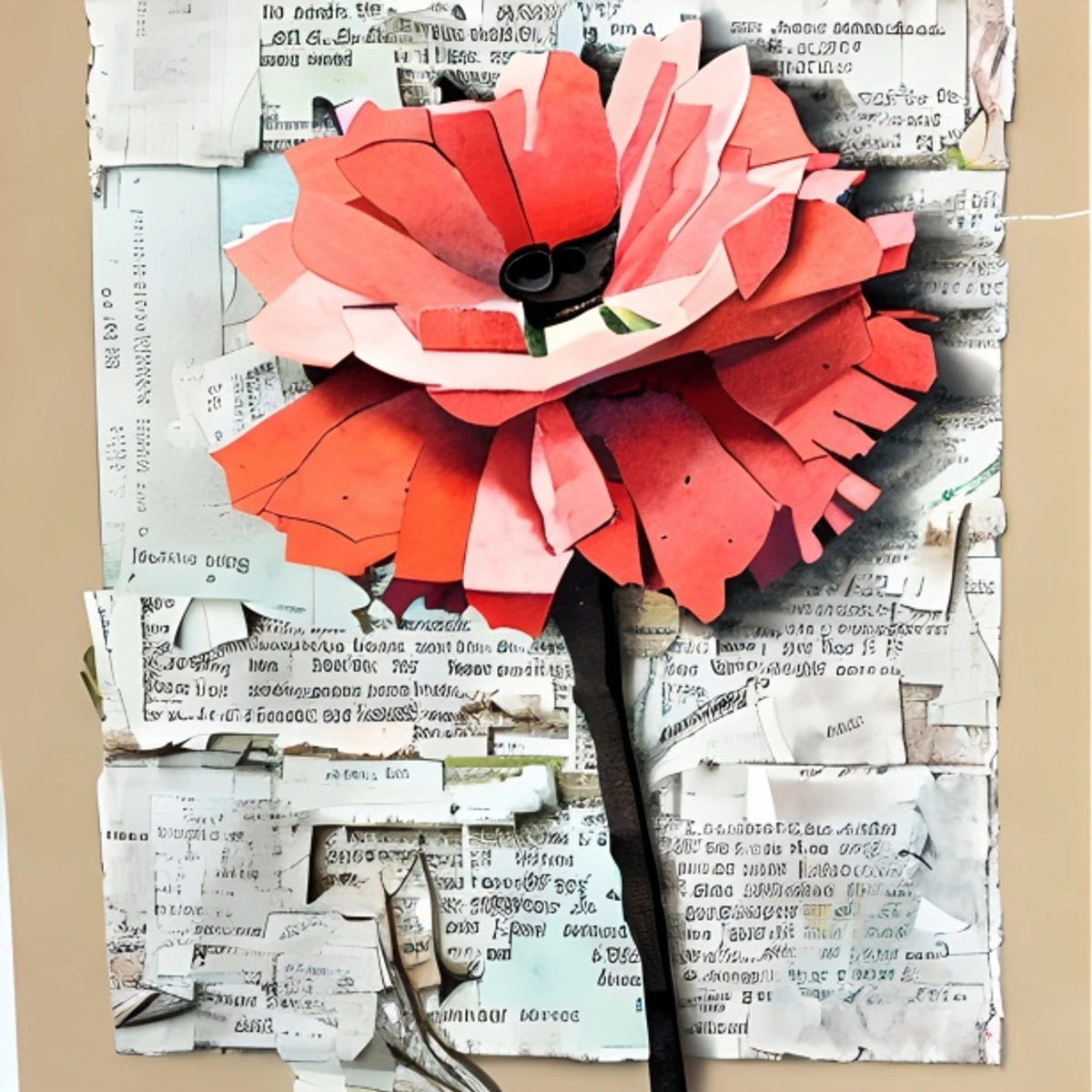 Mixed media paper flower collage art for beginners on newspaper background