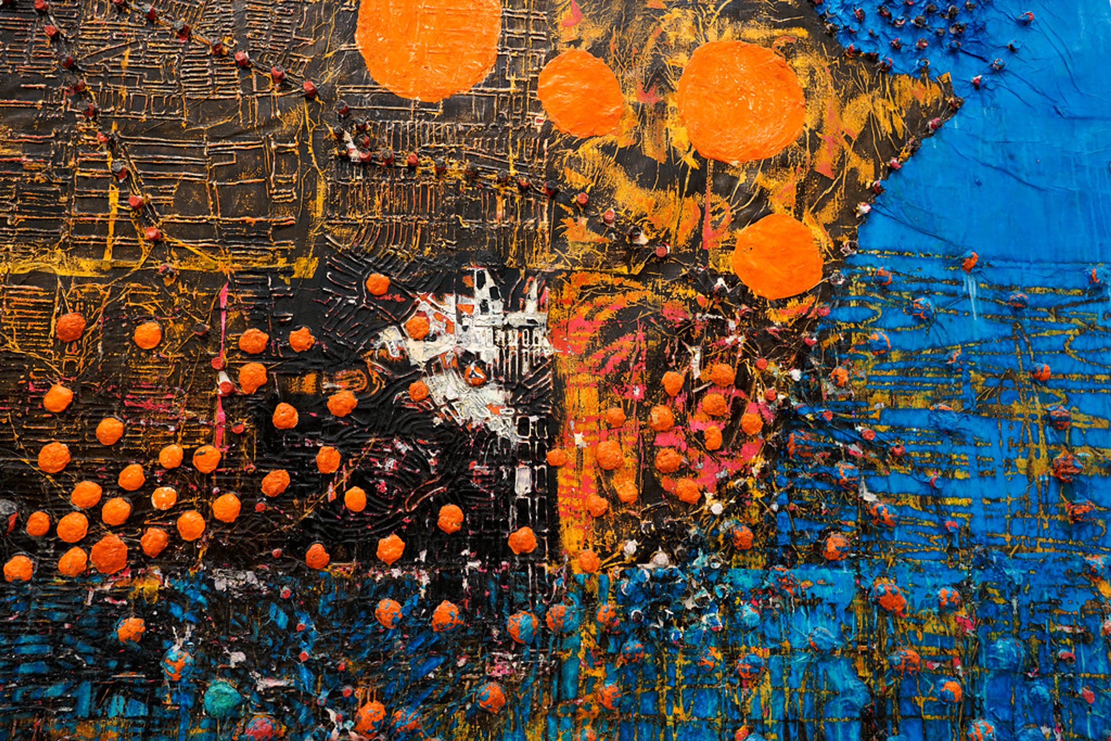 Close-up of Mark Bradford's 'Deep Blue' artwork, showcasing intricate mixed media textures and vibrant orange and blue elements.