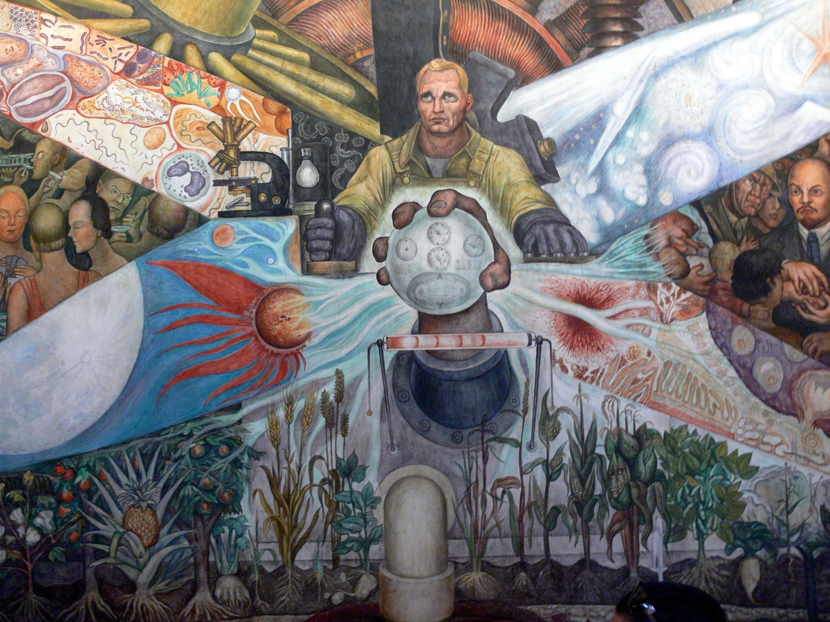 Diego Rivera's 'Man at the Crossroads' mural in Palacio de Bellas Artes, depicting science, industry, and humanity's choices.