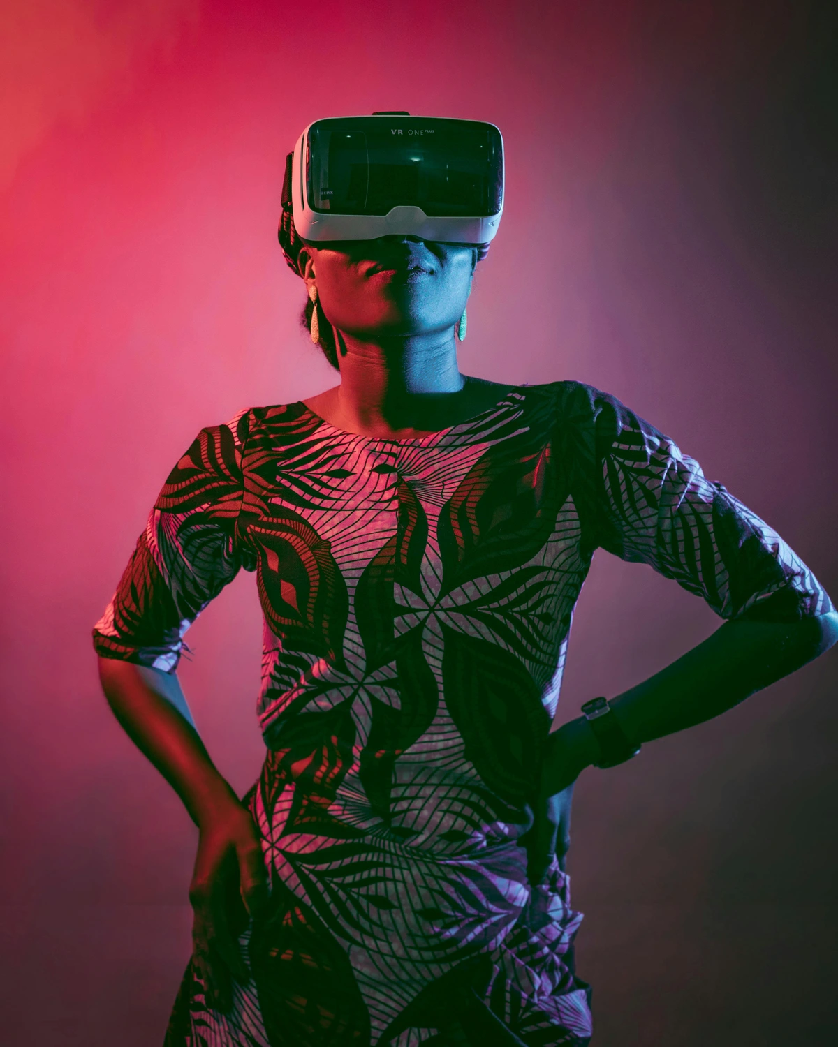woman in virtual reality goggles exploring a digital art installation, futuristic technology art exhibition
