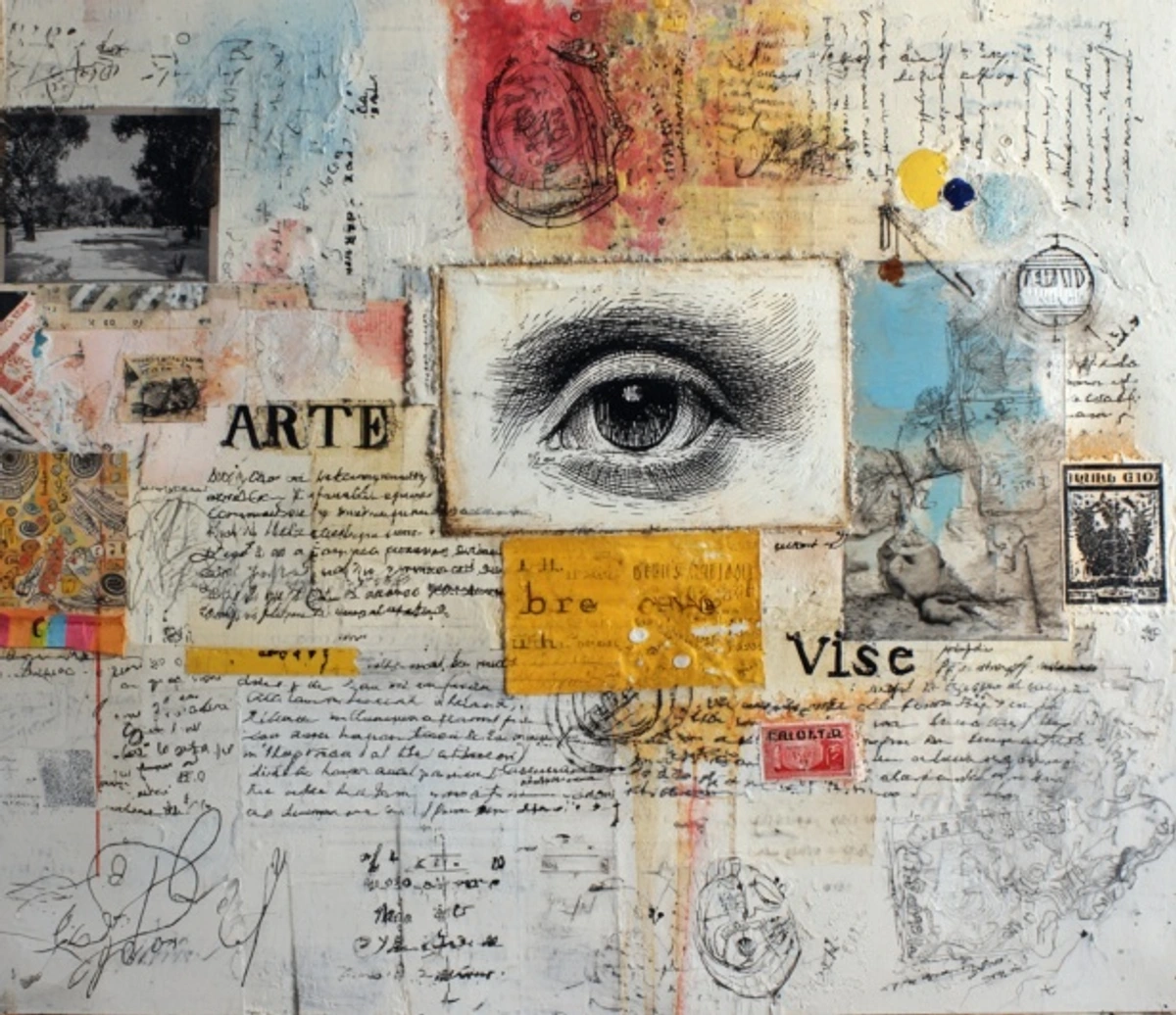 A mixed-media collage showcasing an emerging abstract art movement with symbolic eye illustration, cultural symbolism, and handwritten text experimentation.