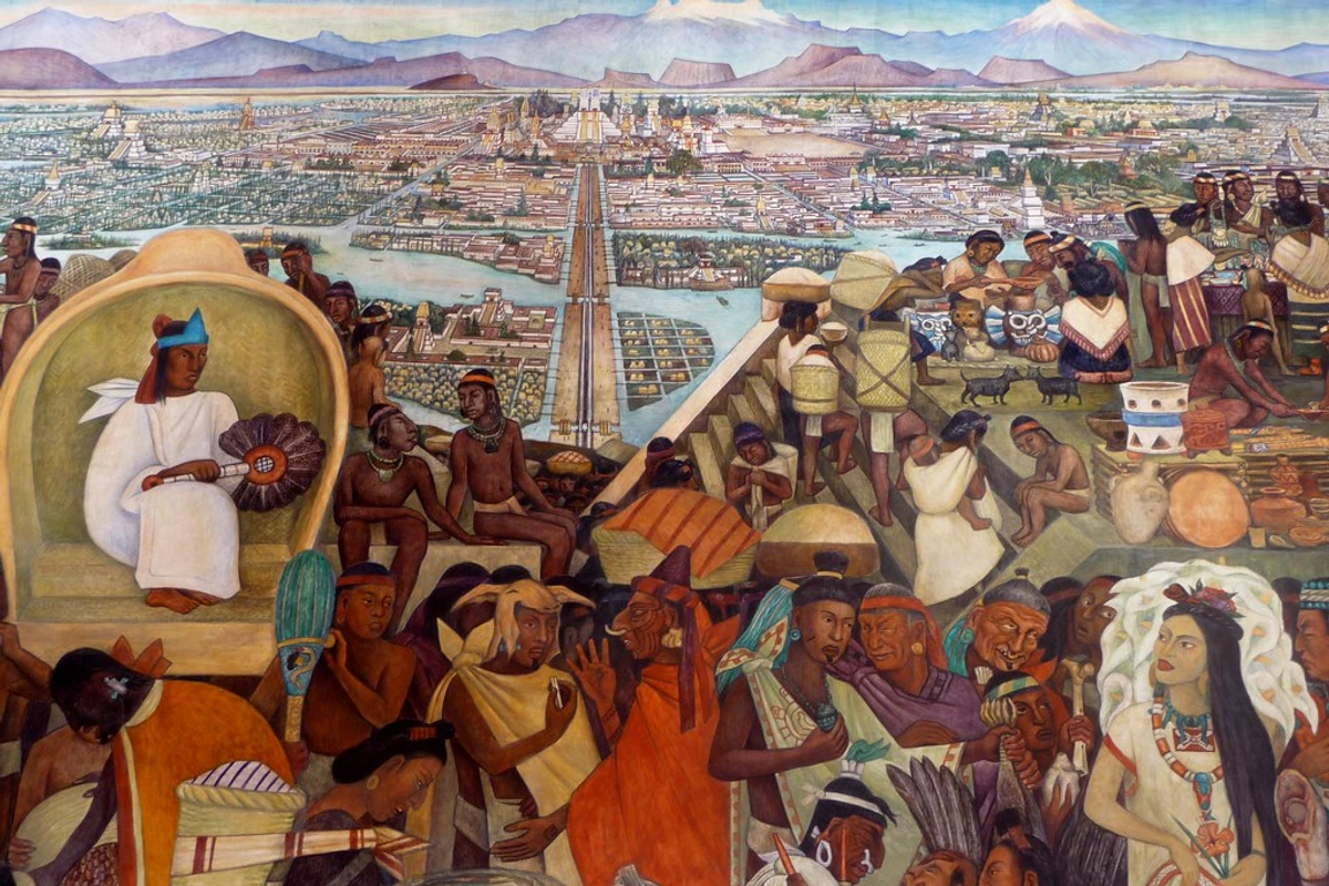 Diego Rivera mural depicting vibrant Mexican culture and history, celebrated at National Palace in Mexico City's historical center