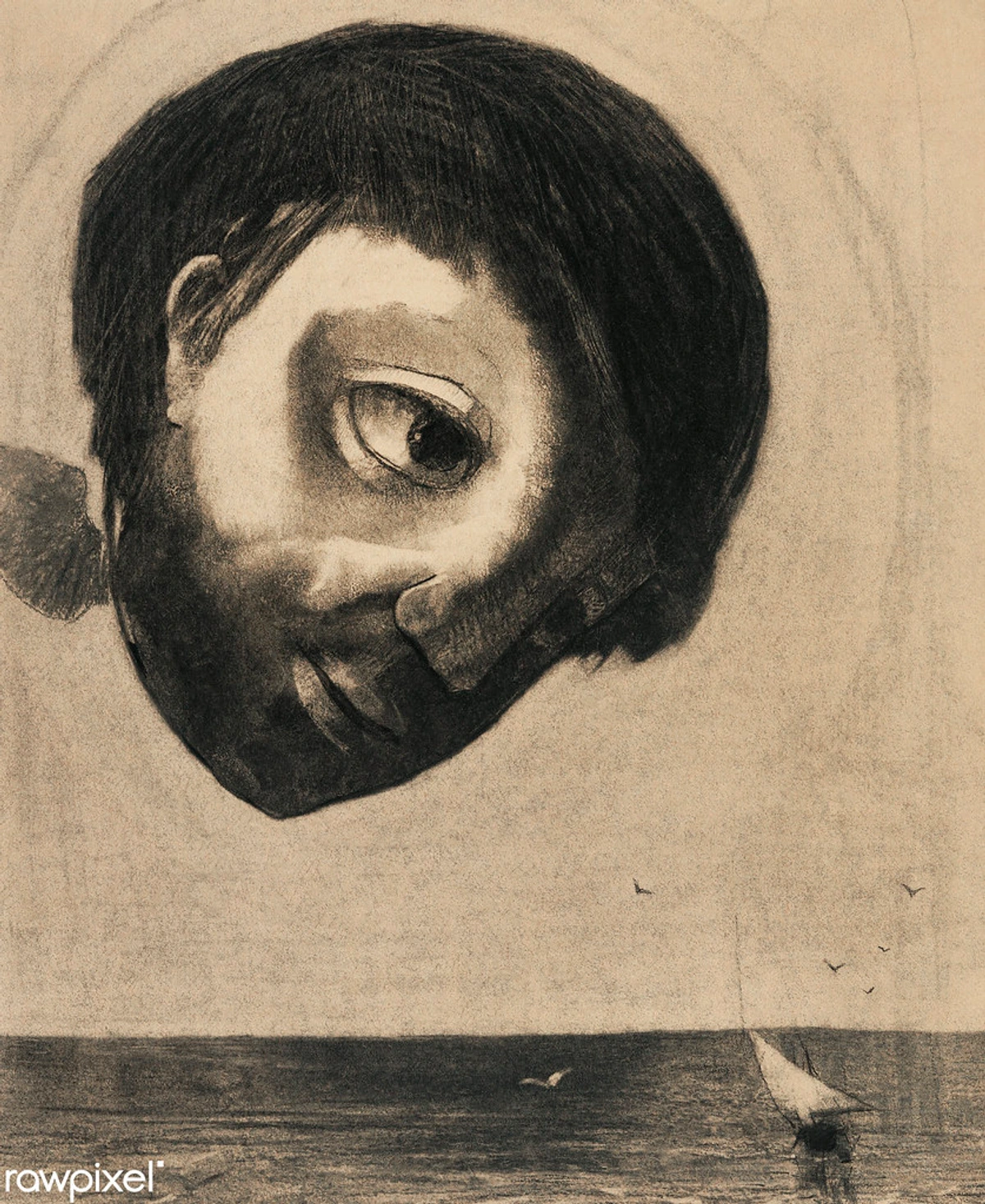 Artwork by Odilon Redon depicting a moon-faced portrait with calm expression and serene background