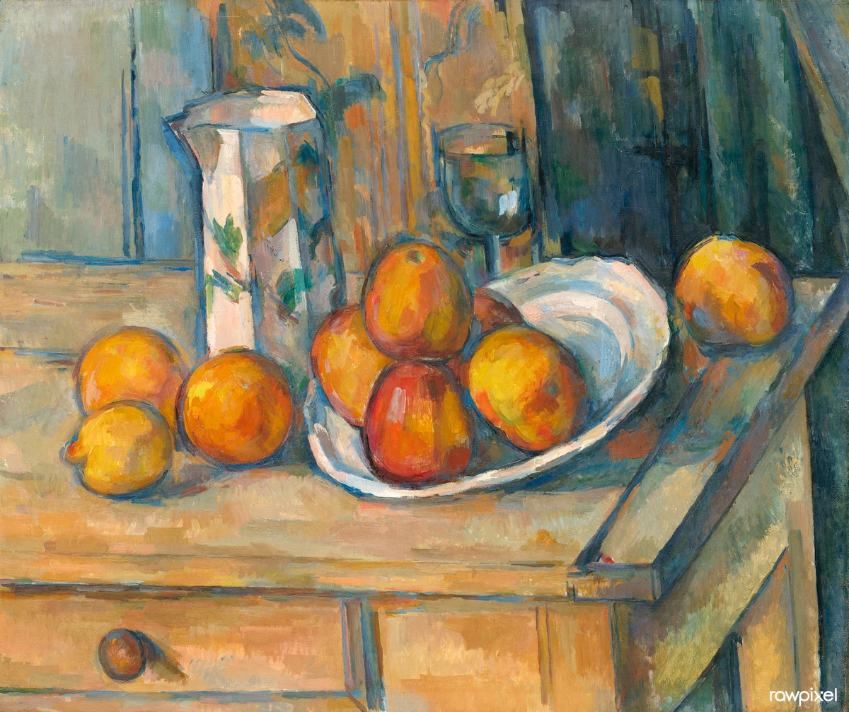 Paul Cézanne's still life painting featuring oranges, apples, a lemon, a milk jug, and a glass on a wooden table, circa 1900.