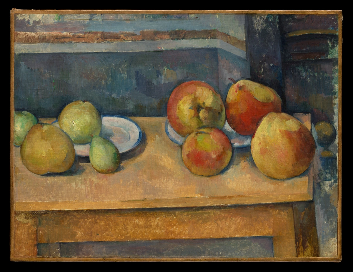 Paul Cézanne's Still Life with Apples and Pears, a Post-Impressionist oil painting featuring a collection of ripe apples and pears arranged on a wooden table with plates.