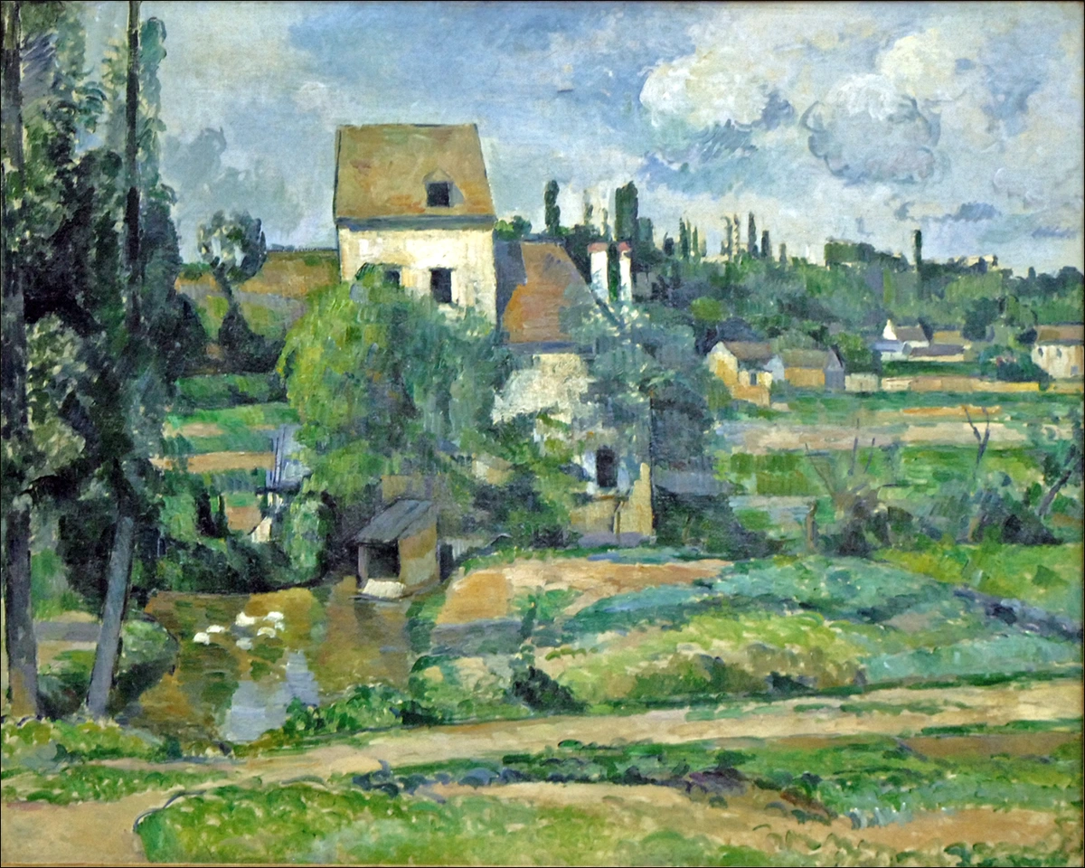 Paul Cézanne's painting 'The Jas de Bouffan' depicting a rural landscape with a mill, water, trees, and houses, showcasing his distinctive brushwork and use of color.