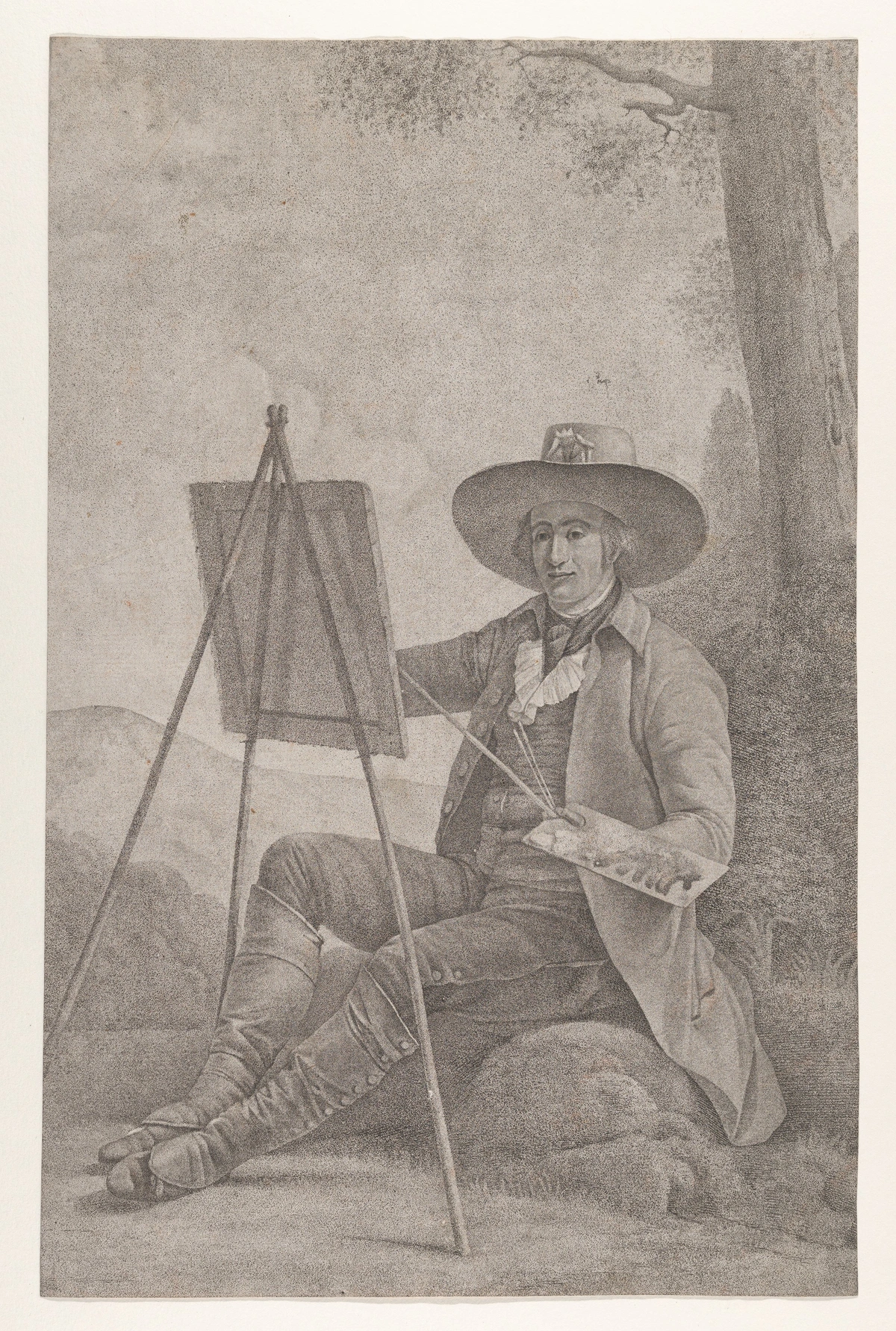 Plein air painter with a wide-brimmed hat sits outdoors, painting on an easel with a palette and brush in hand.