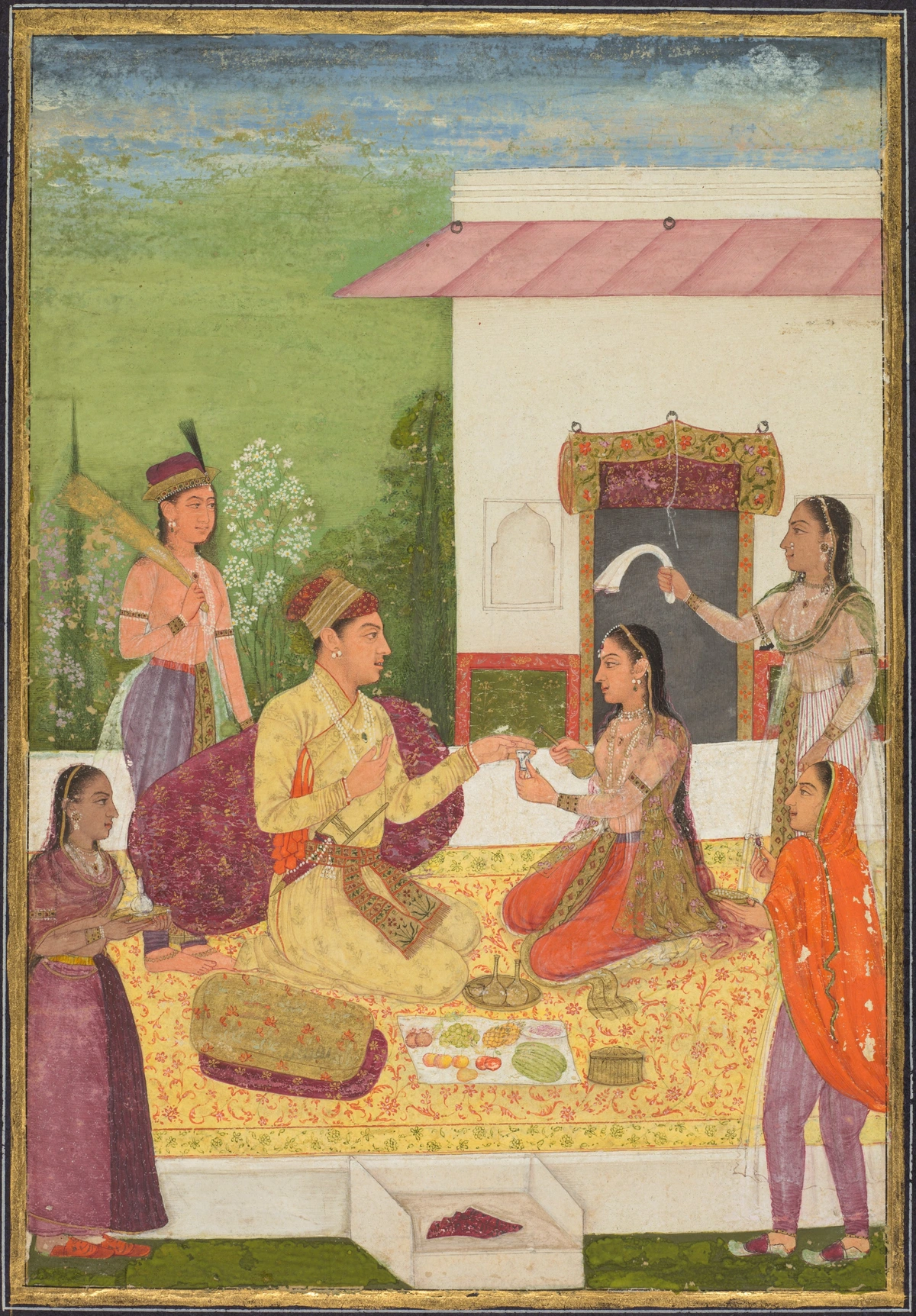 Mughal miniature painting from the 18th century depicting a prince in a yellow robe conversing with attendants in a garden setting, with a building in the background.
