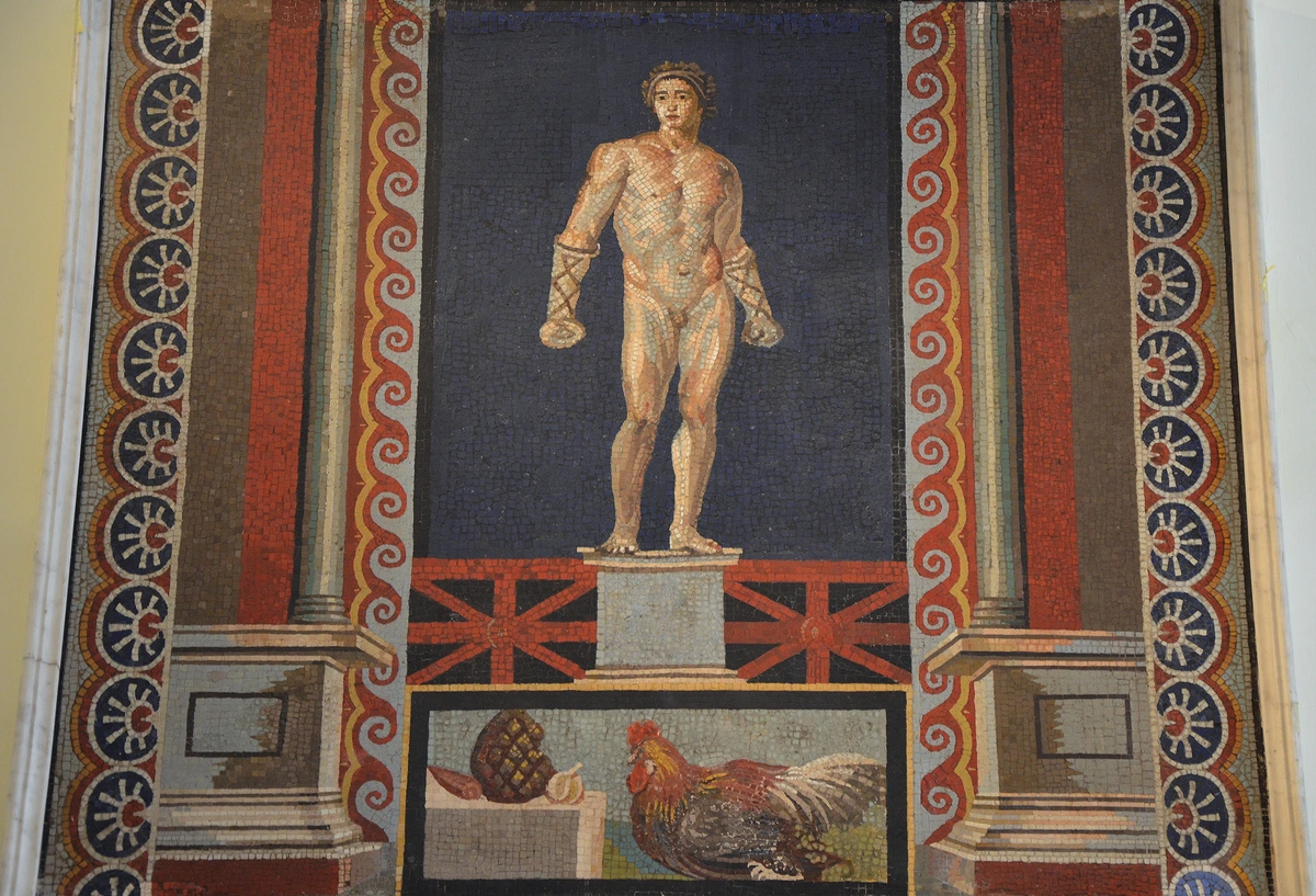 Mosaic from Stabiae Villa San Marco in glass tesserae depicting a nude athlete and a rooster