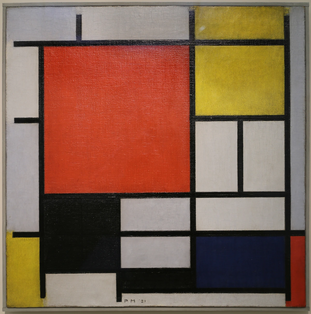 Piet Mondrian's 'Composition with Red, Yellow, and Blue', a 1921 De Stijl painting featuring a grid of black lines with primary color blocks and white spaces.