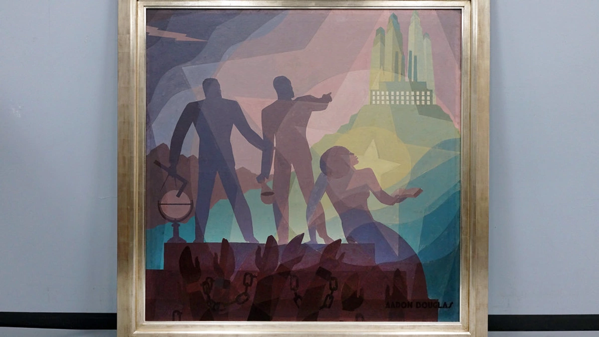 Aaron Douglas's painting 'Aspiration,' a key work of the Harlem Renaissance, depicting silhouetted figures reaching towards a bright future symbolized by a skyscraper and a star.