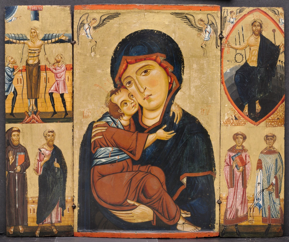 Byzantine icon of the Virgin and Child with saints and scenes from the life of Christ, painted in tempera.