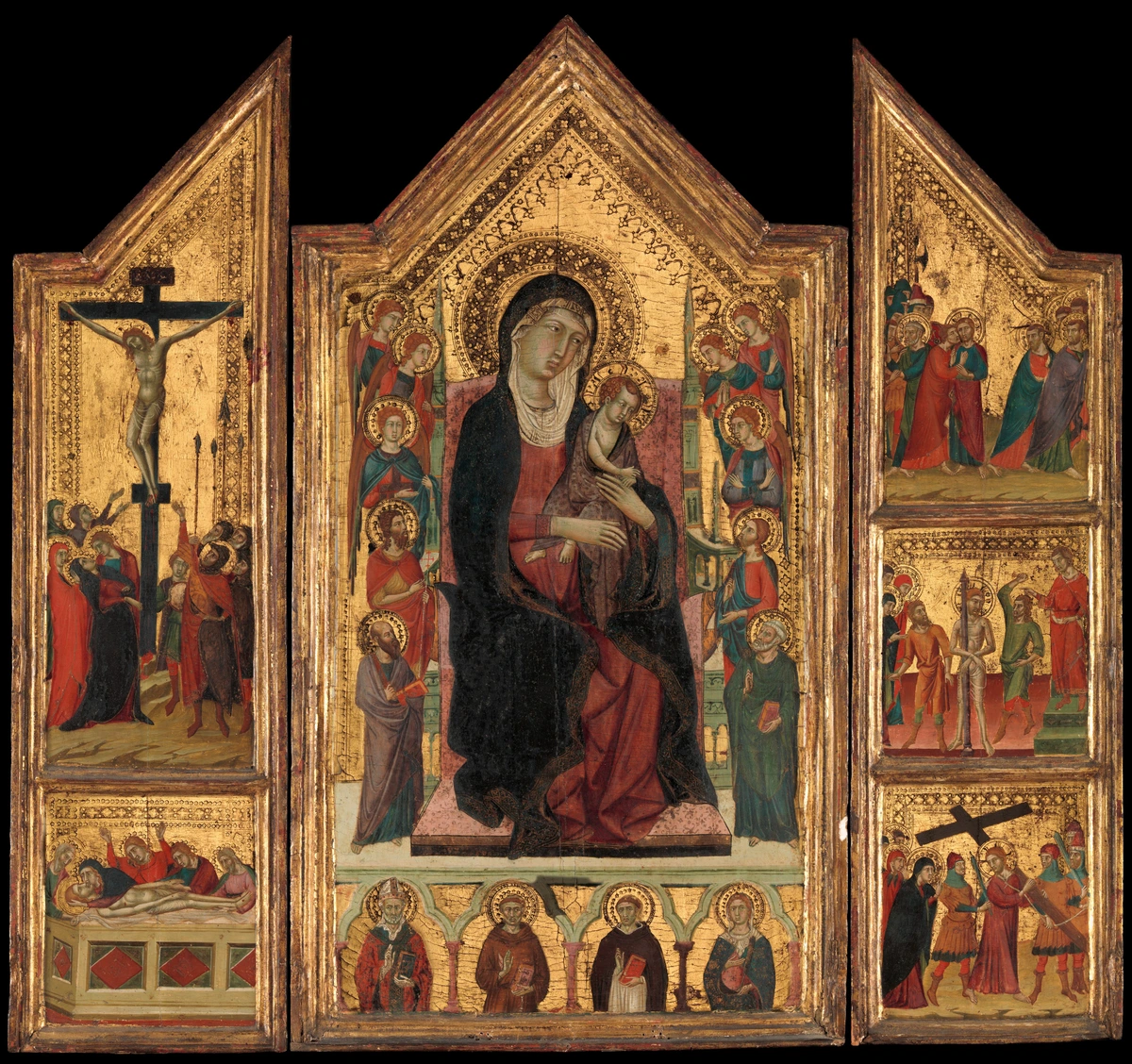Giovanni del Biondo's Madonna and Child Enthroned with Saints and Scenes from the Life of the Virgin and St. John the Baptist, a tempera painting from 1380.