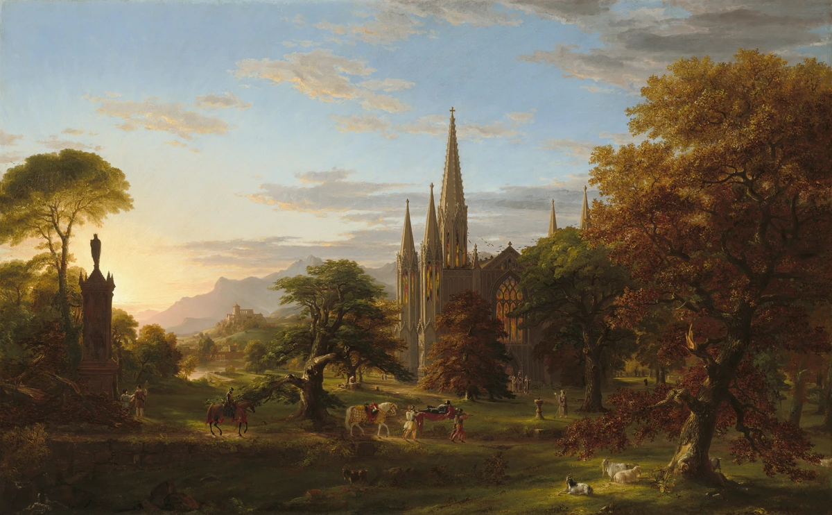 Thomas Cole's The Return, 1837, a Hudson River School painting depicting a grand cathedral in a pastoral landscape at sunset with figures and animals.