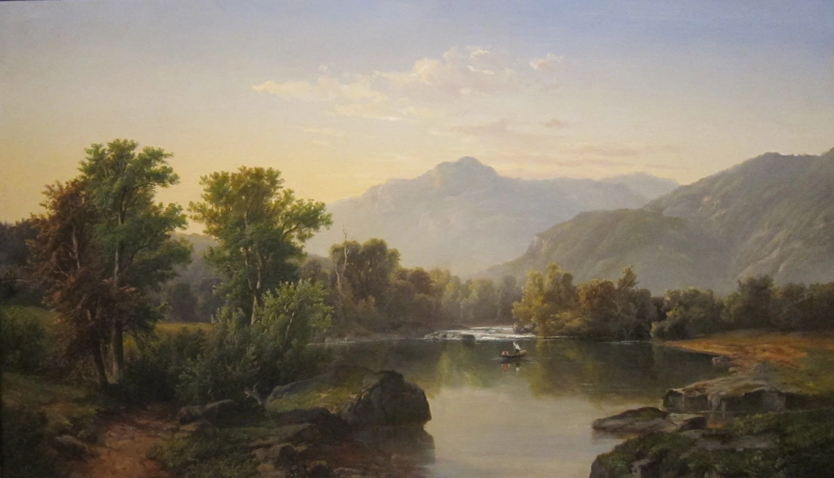A serene river landscape painting with mountains in the background, a small boat on the water, and lush trees on the banks, in the style of the Hudson River School.