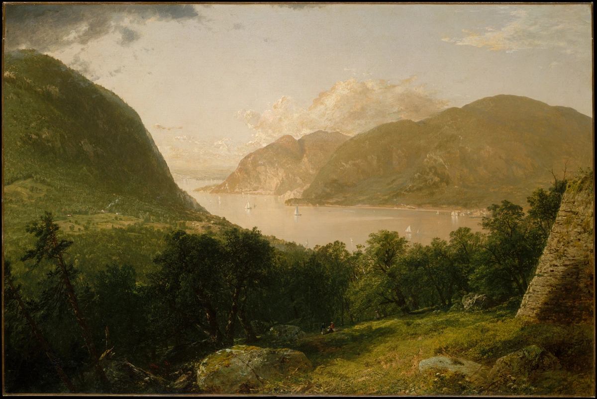 Hudson River landscape painting in the style of the Hudson River School, featuring mountains, a river with sailboats, and lush forests.