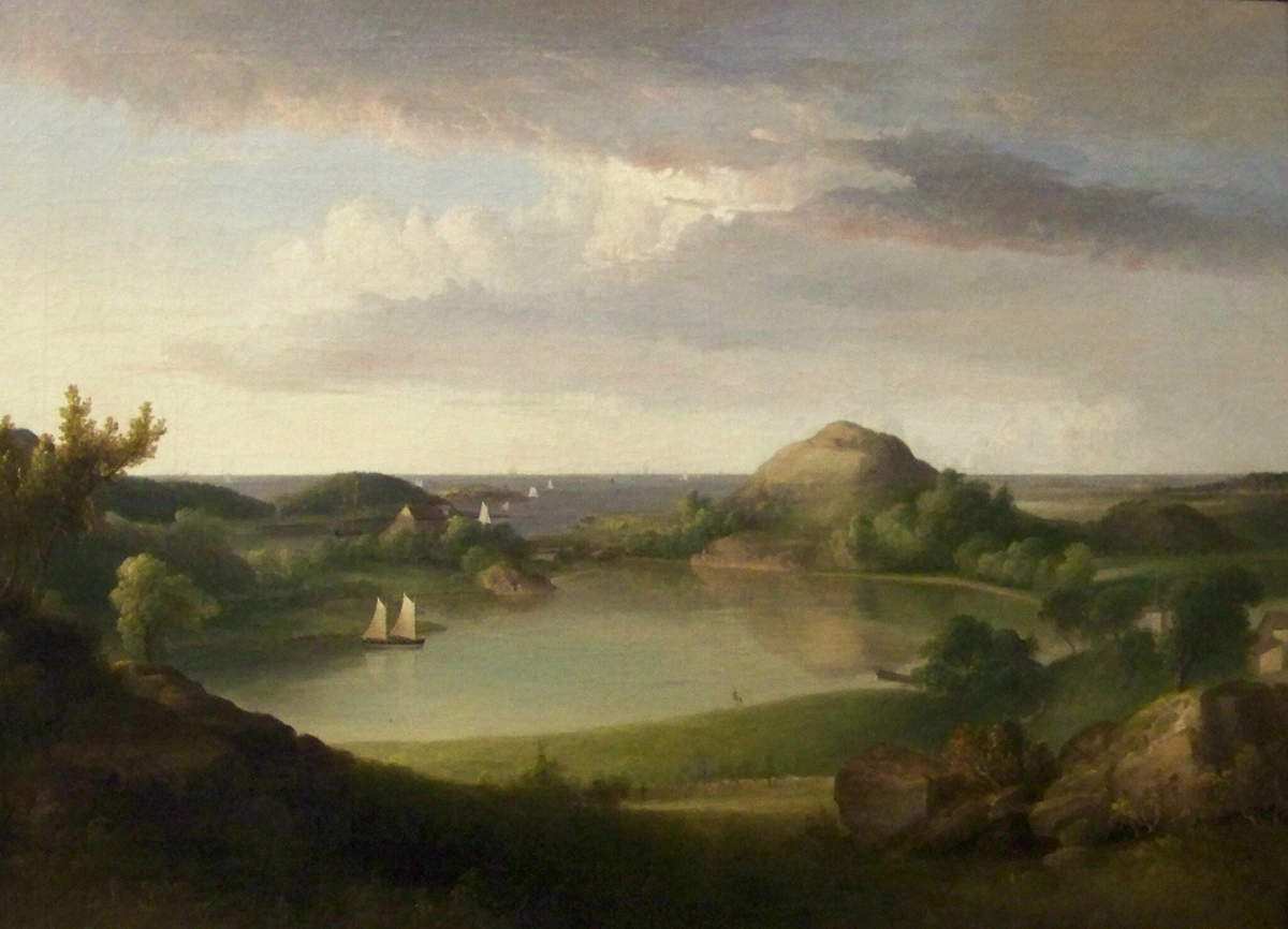Thomas Doughty Harbor Landscape painting featuring sailboats on a calm body of water with rolling hills and a cloudy sky, representative of the Hudson River School.