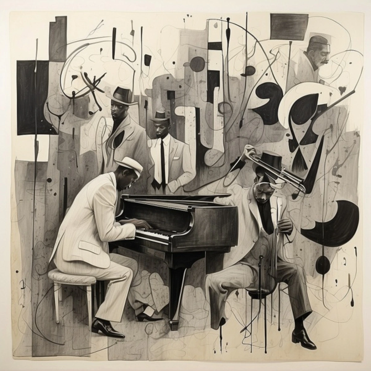 Abstract art print depicting a jazz band with a pianist and trumpeter, influenced by jazz music.