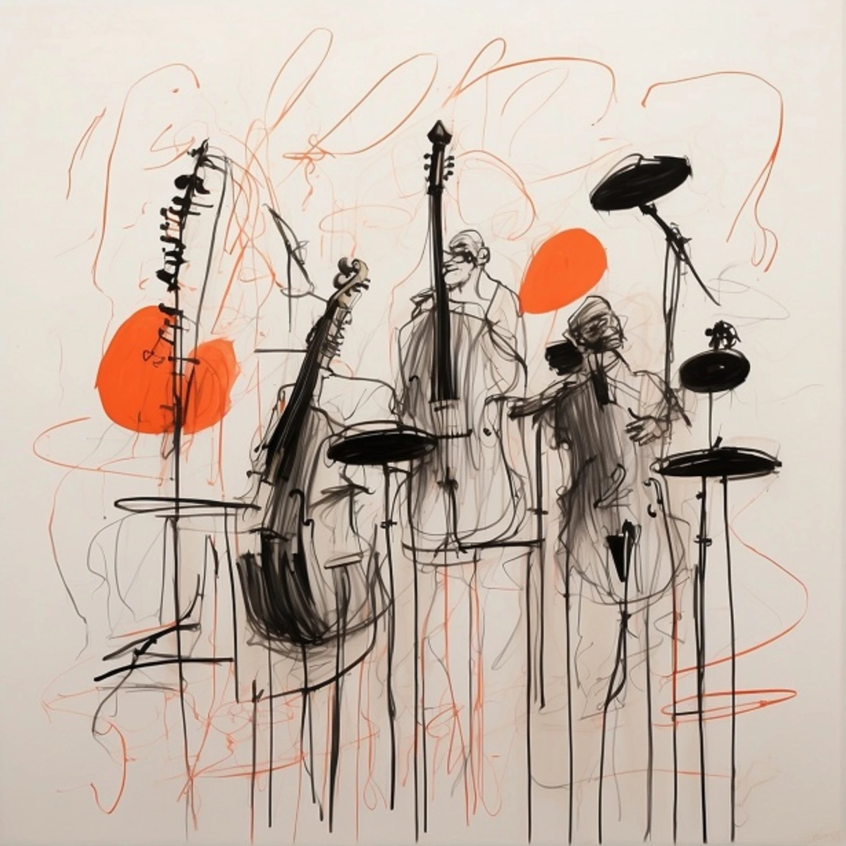 Abstract art print depicting a jazz ensemble with double basses, cello, and drums, featuring bold lines and orange accents.