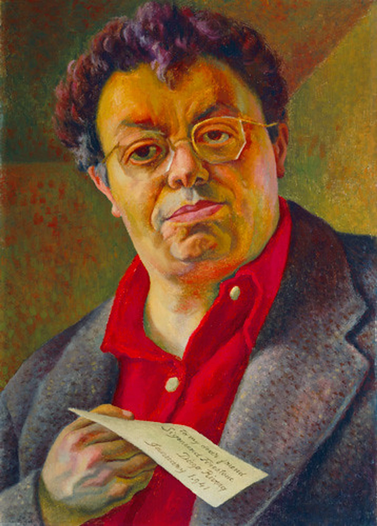 Self-portrait of Diego Rivera, the Mexican artist, from 1941, wearing glasses and a red shirt, holding a letter dedicated to a friend.