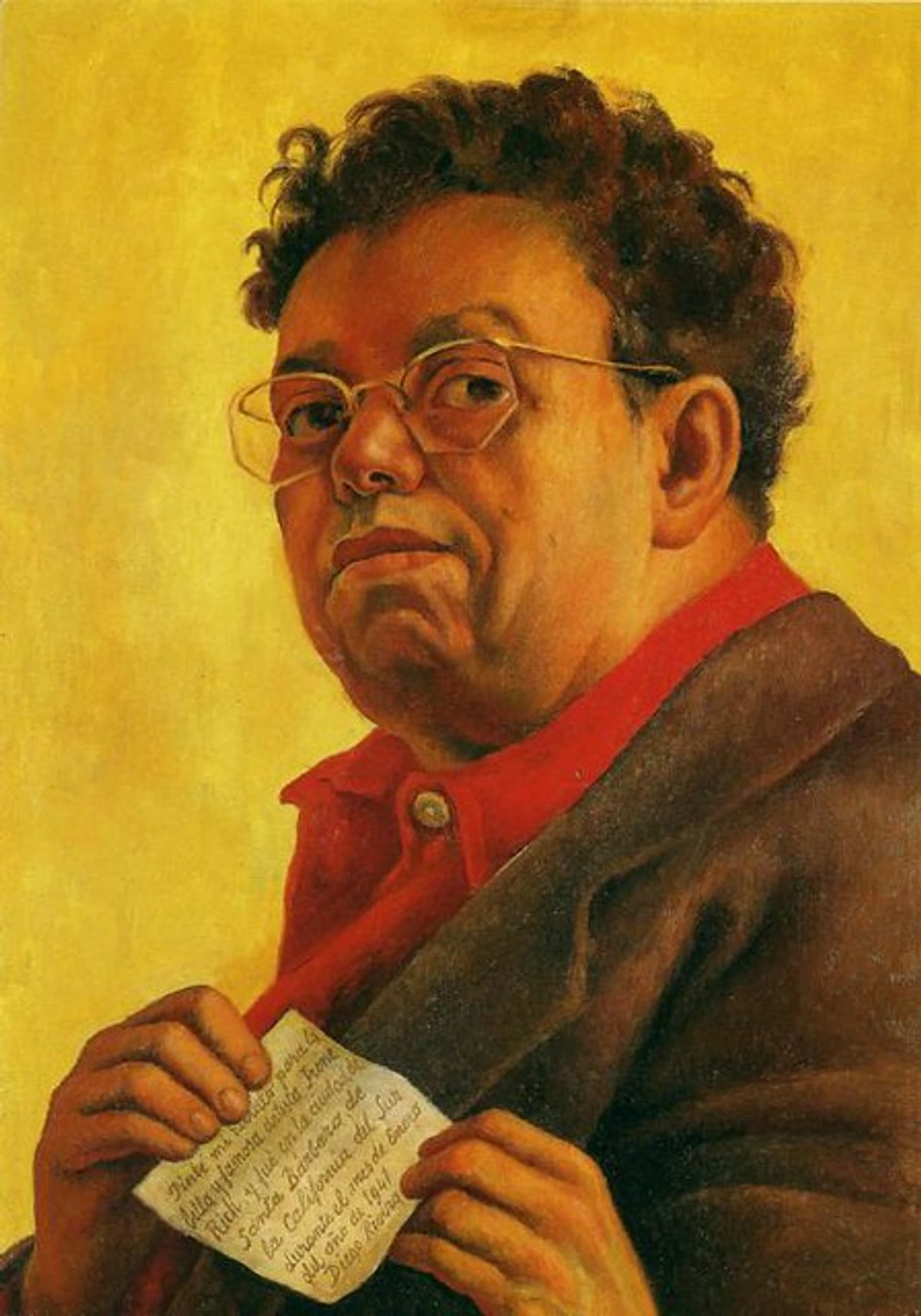 Diego Rivera self-portrait painting, holding a note dedicated to Irene Rich, dated January 1941.