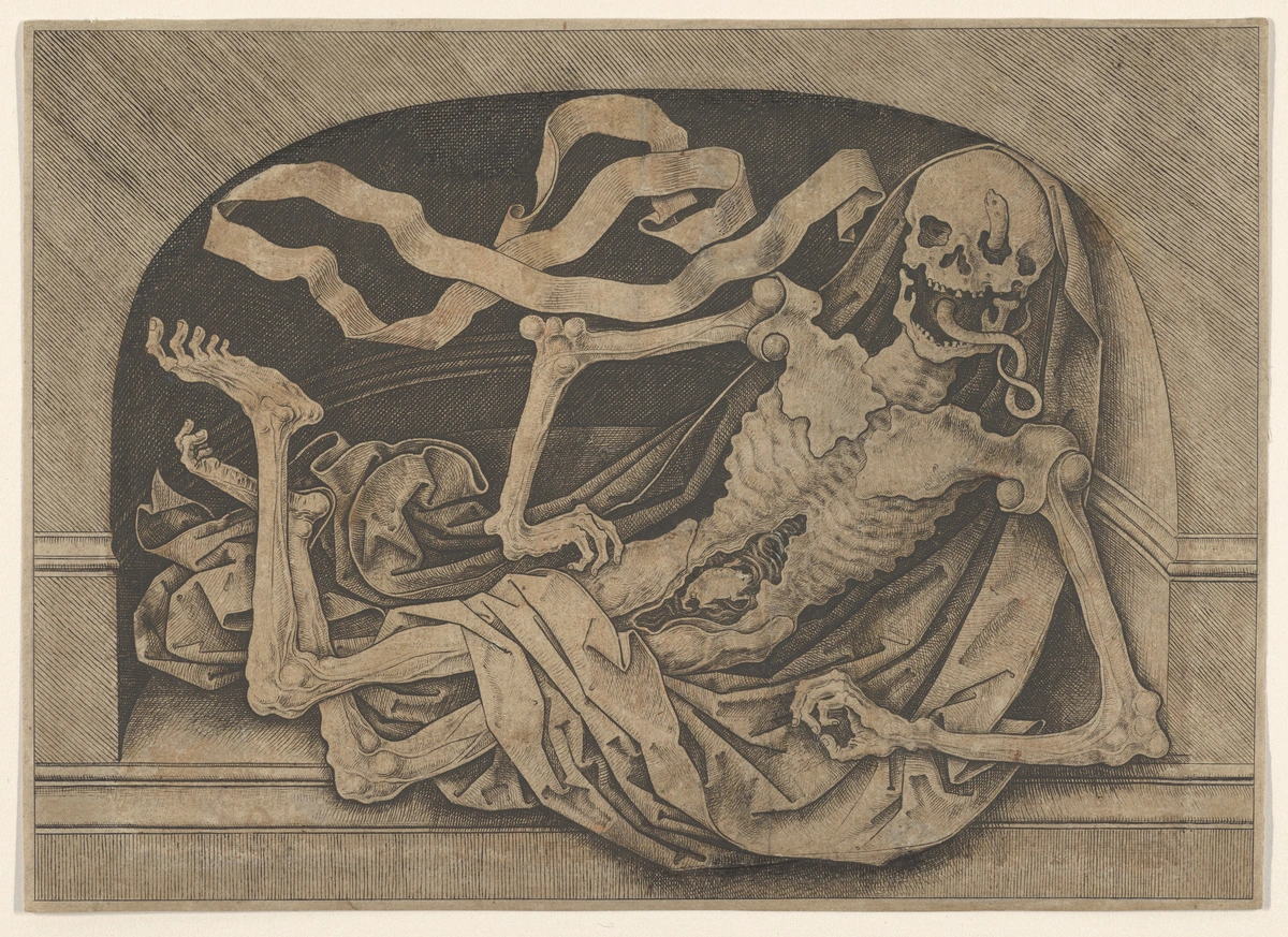 Memento Mori: Skeleton lying down, draped in fabric and ribbons, symbolizing the transience of life.