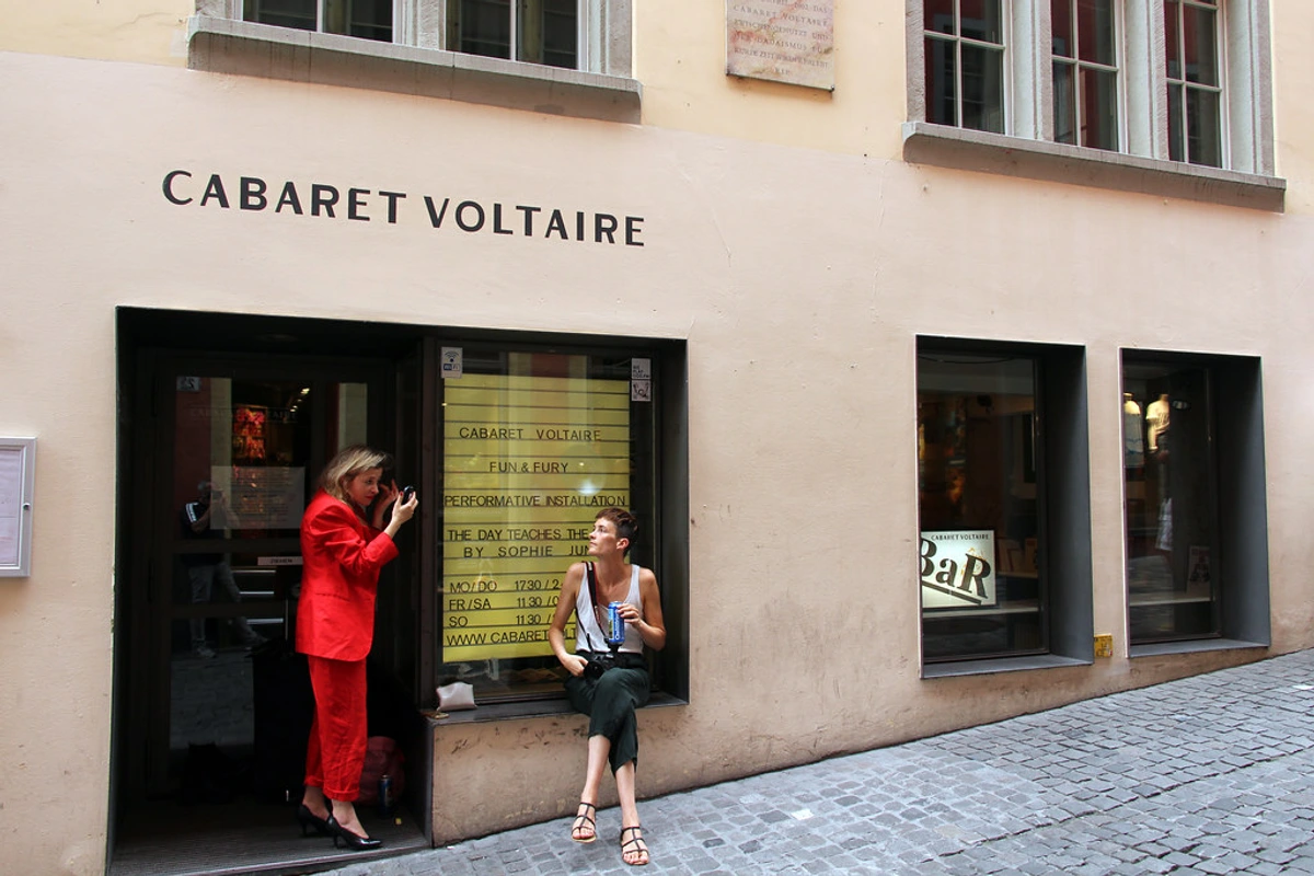 Entrance of Cabaret Voltaire in Zurich, site of the Tristan Tzara Dada Manifesto and key symbol of the avant-garde movement. Historic building showcase