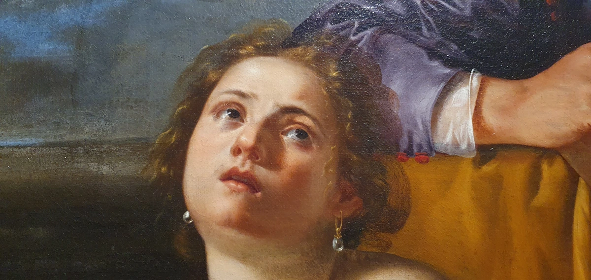 Artemisia Gentileschi's Susanna and the Elders: Close-up of Susanna's face with pearl earrings