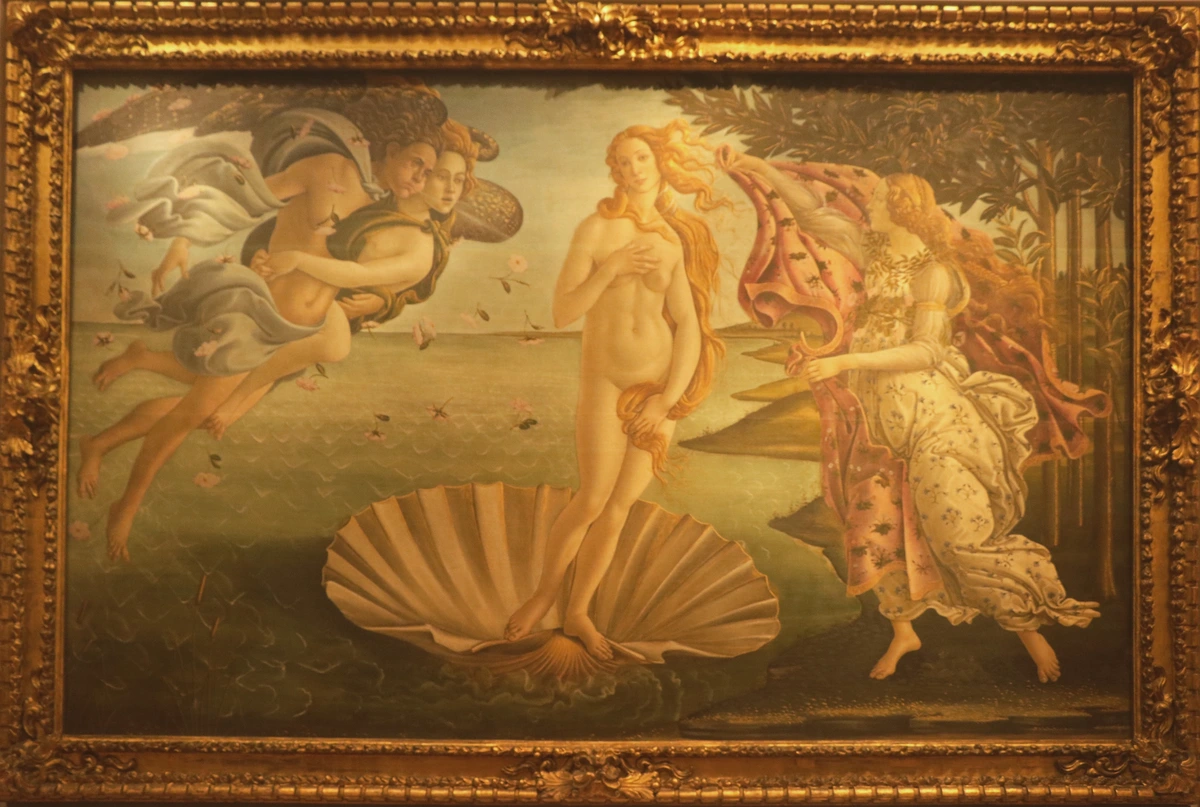 The Birth of Venus by Sandro Botticelli, a masterpiece of the Early Renaissance, depicting Venus emerging from the sea on a seashell.