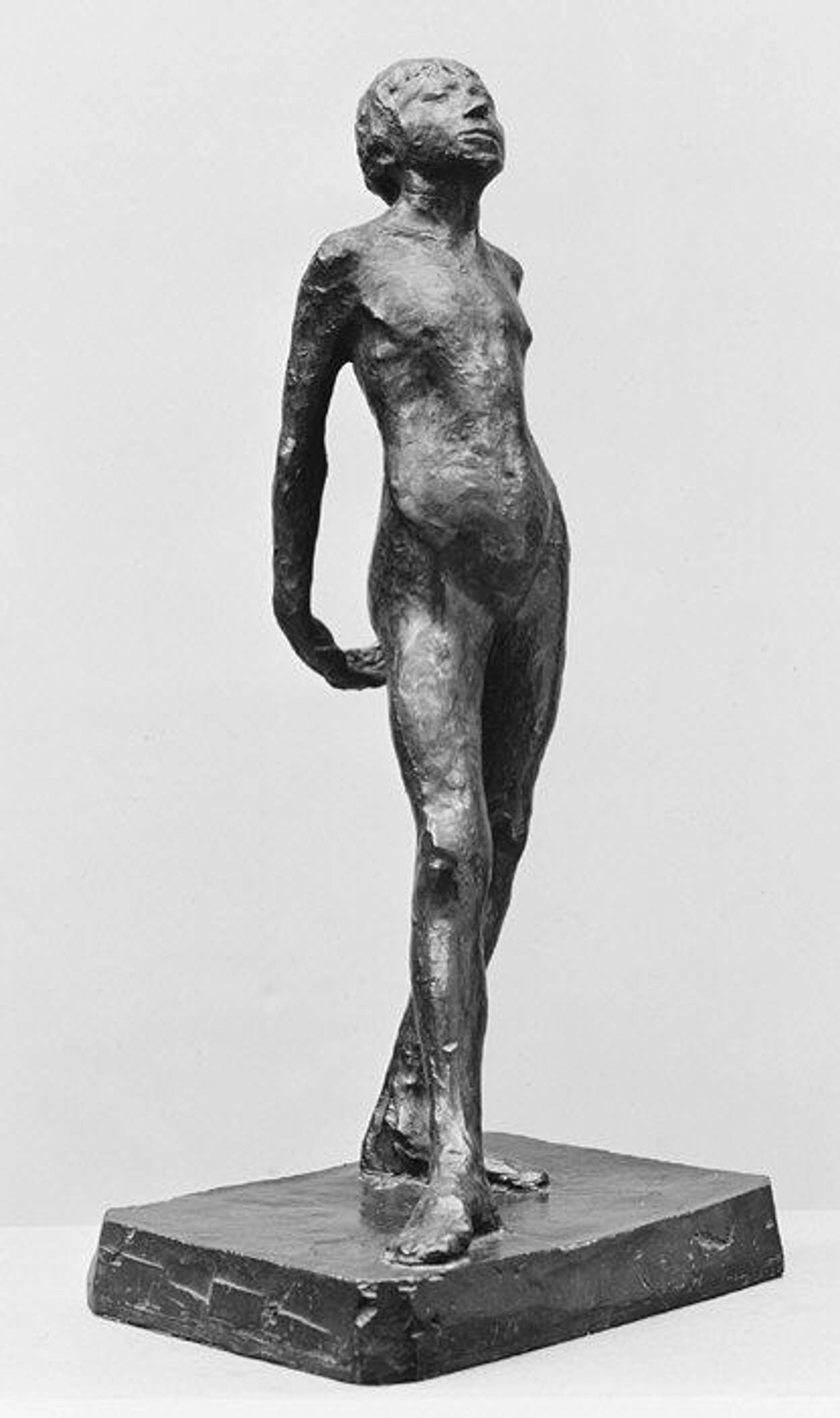 Edgar Degas' bronze sculpture study of a nude adolescent dancer, titled 'Study in the Nude for The Little Fourteen-Year-Old Dancer'.